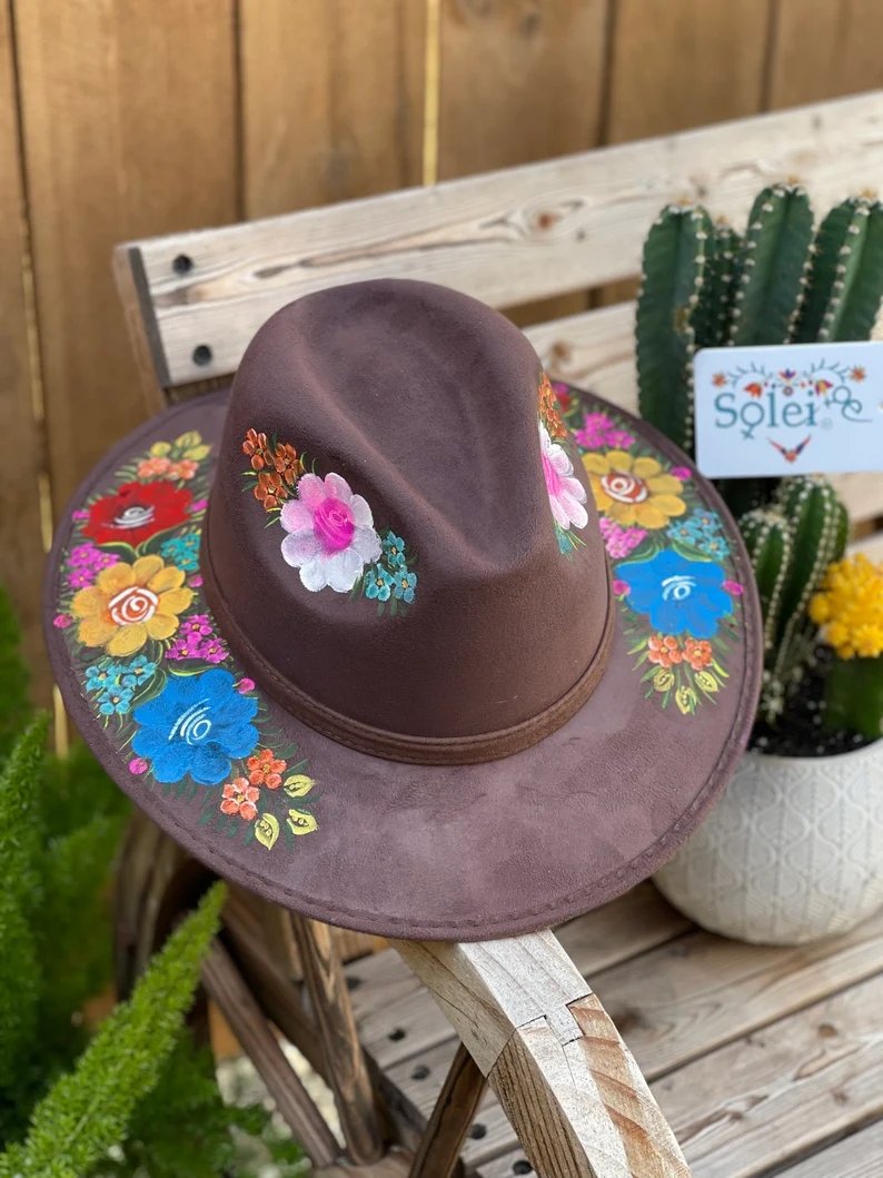 Mexican Artisanal Suede Floral Hand Painted Hat. Sombrero Pamela - Solei Store