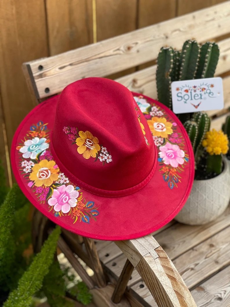 Mexican Artisanal Suede Floral Hand Painted Hat. Sombrero Pamela - Solei Store