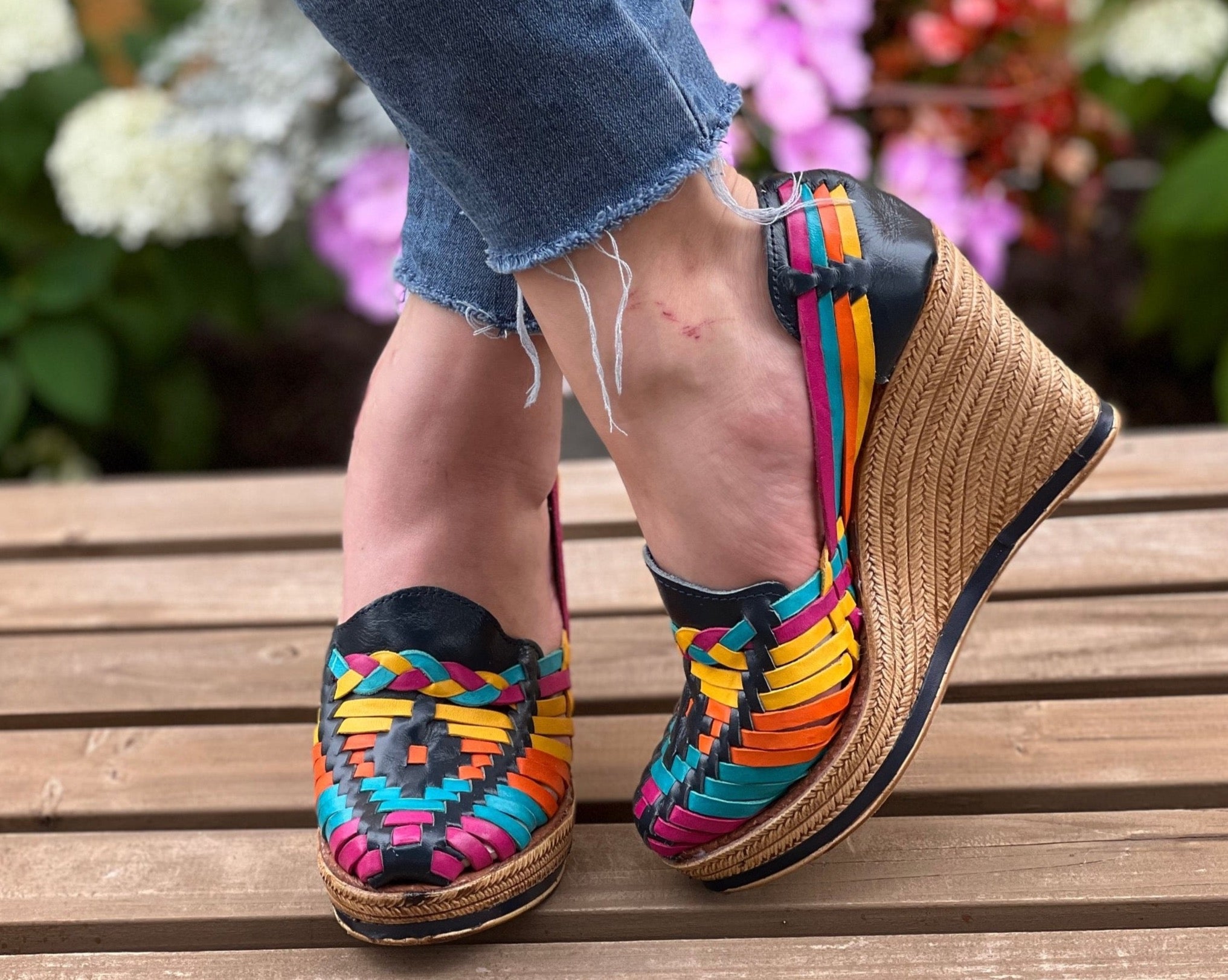 Mexican Artisanal Wedge Leather Sandal. Ivonne Multi Heels. - Solei Store
