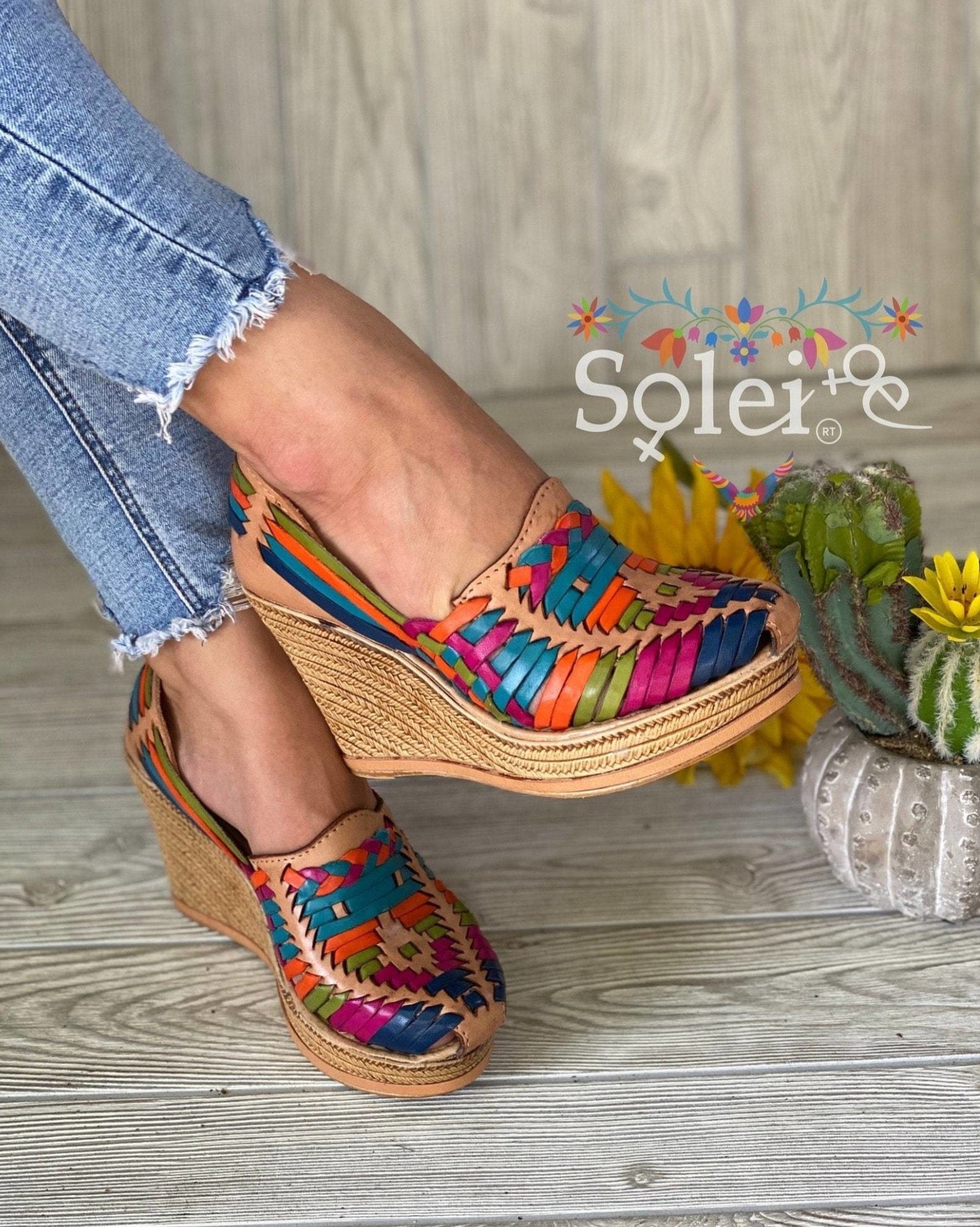 Mexican Artisanal Wedge Leather Sandal. Ivonne Multi Heels. - Solei Store