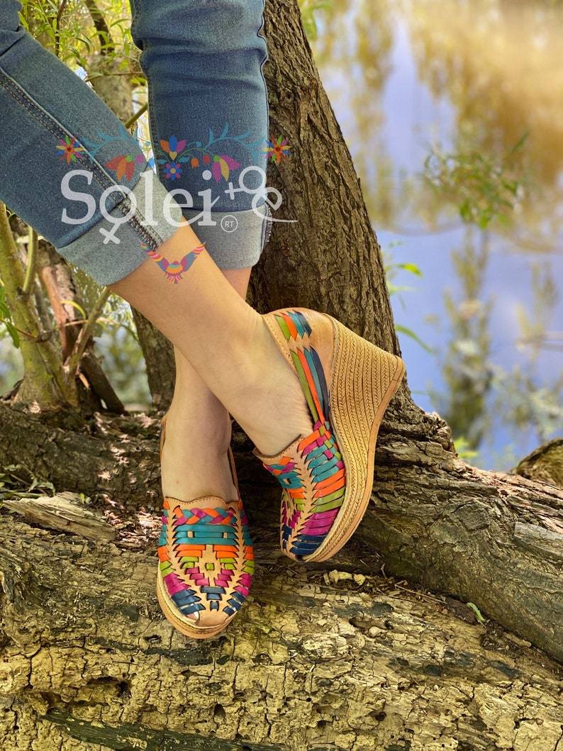 Mexican Artisanal Wedge Leather Sandal. Ivonne Multi Heels. - Solei Store