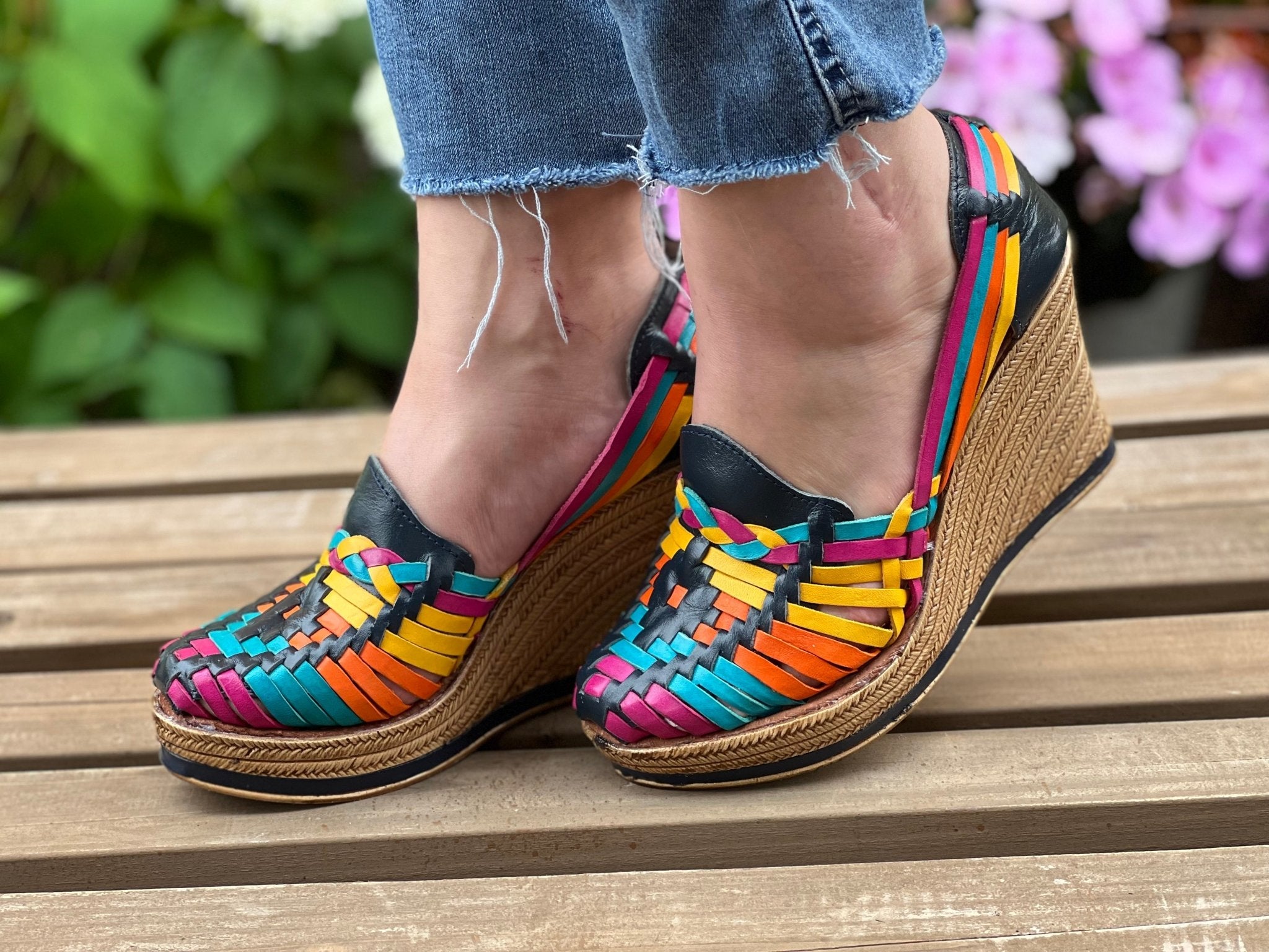 Mexican Artisanal Wedge Leather Sandal. Ivonne Multi Heels. - Solei Store