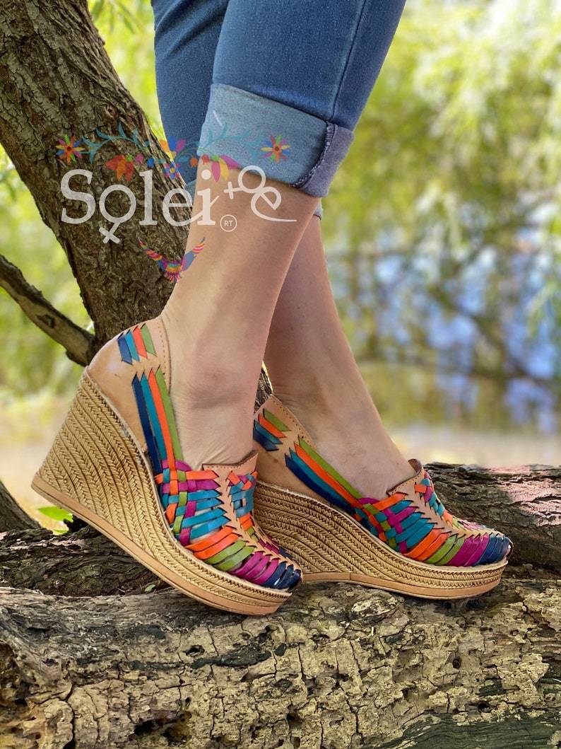 Mexican Artisanal Wedge Leather Sandal. Ivonne Multi Heels. - Solei Store