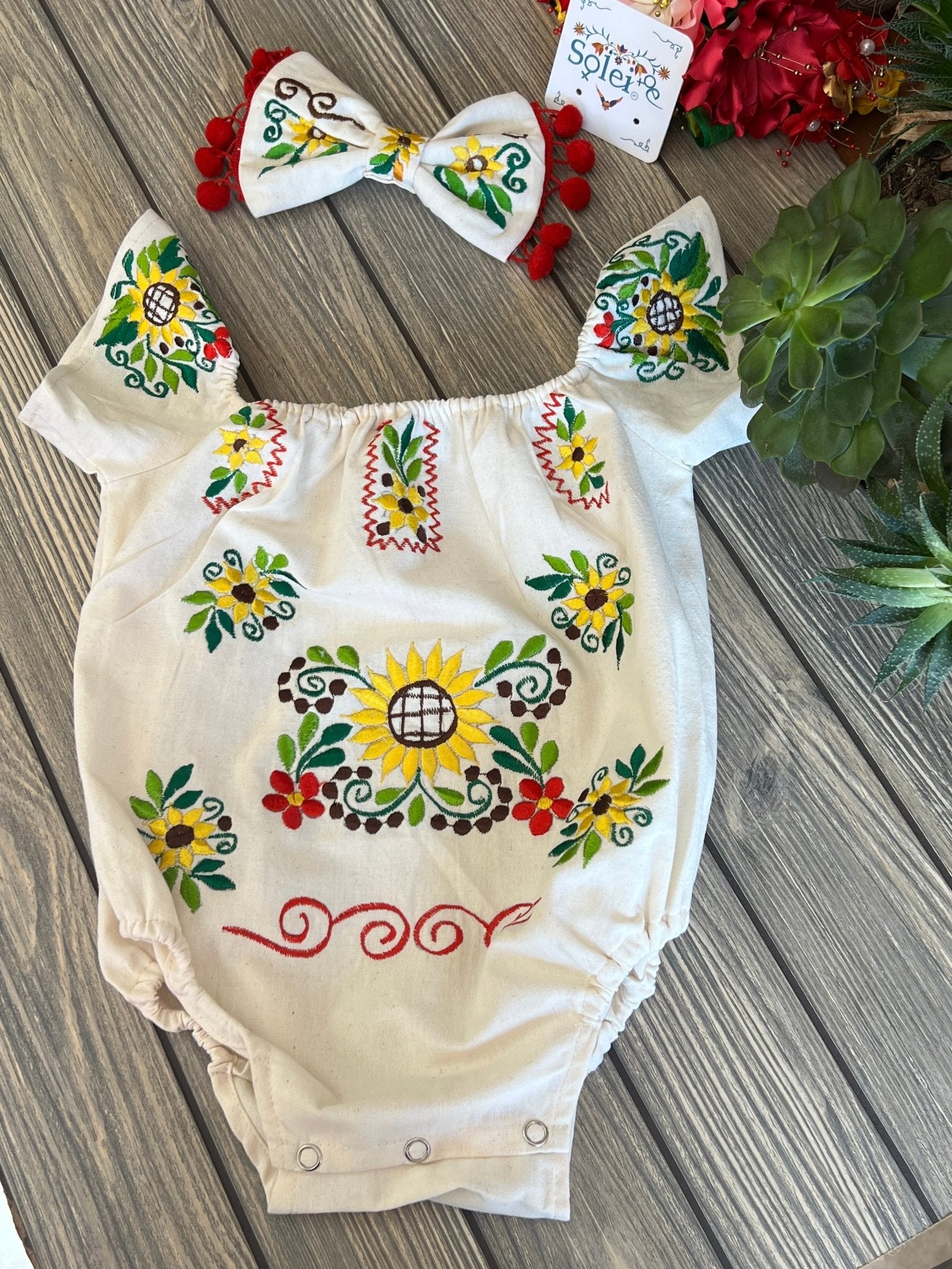 Mexican Baby Floral Embroidered Bodysuit. Pañalero Girasol - Solei Store
