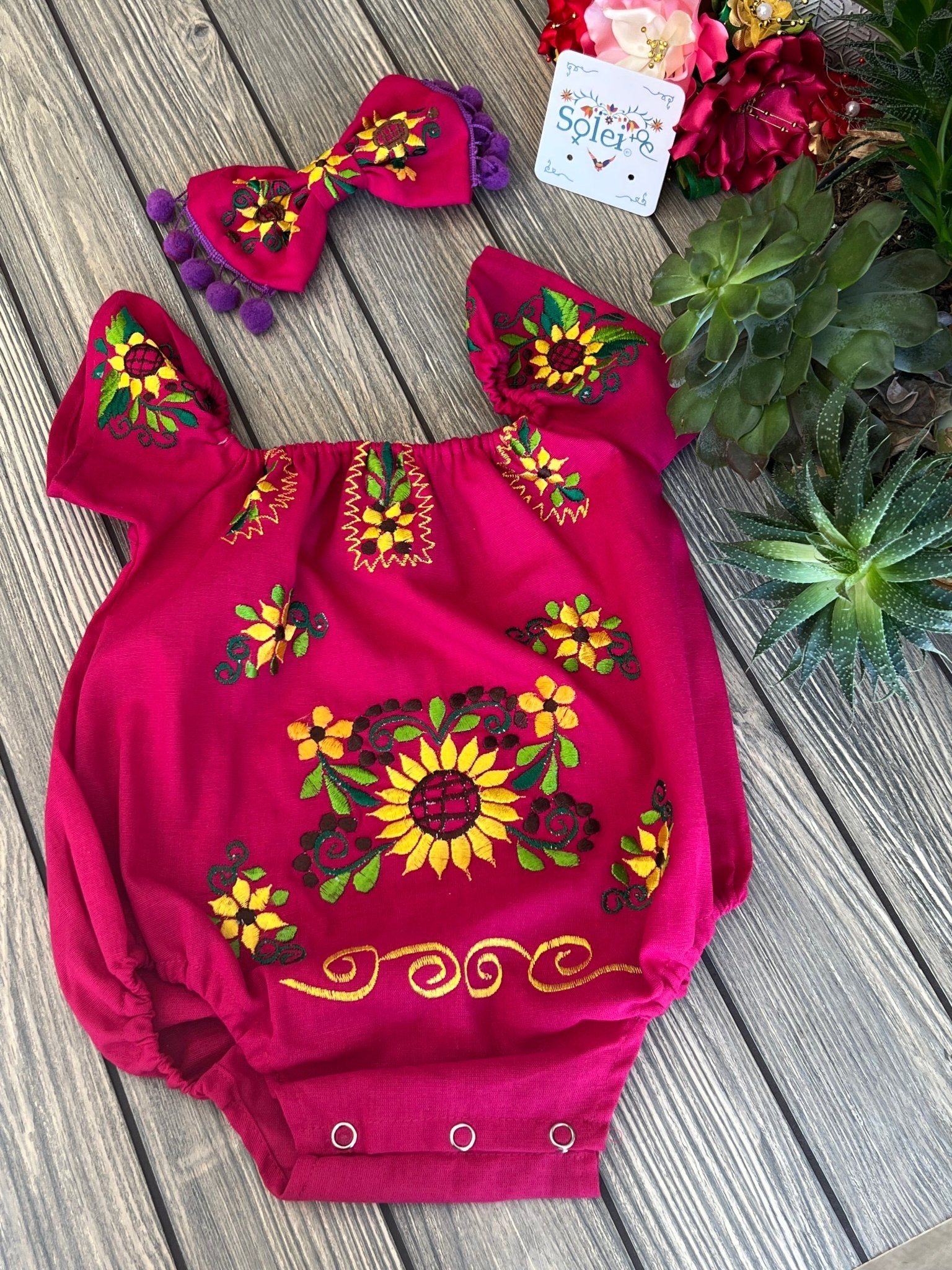 Mexican Baby Floral Embroidered Bodysuit. Pañalero Girasol - Solei Store