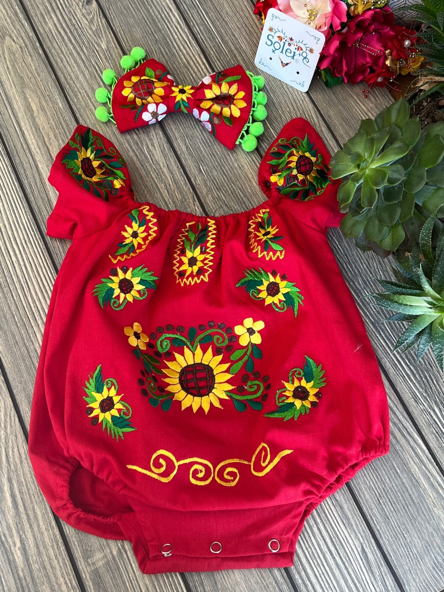 Mexican Baby Floral Embroidered Bodysuit. Pañalero Girasol - Solei Store