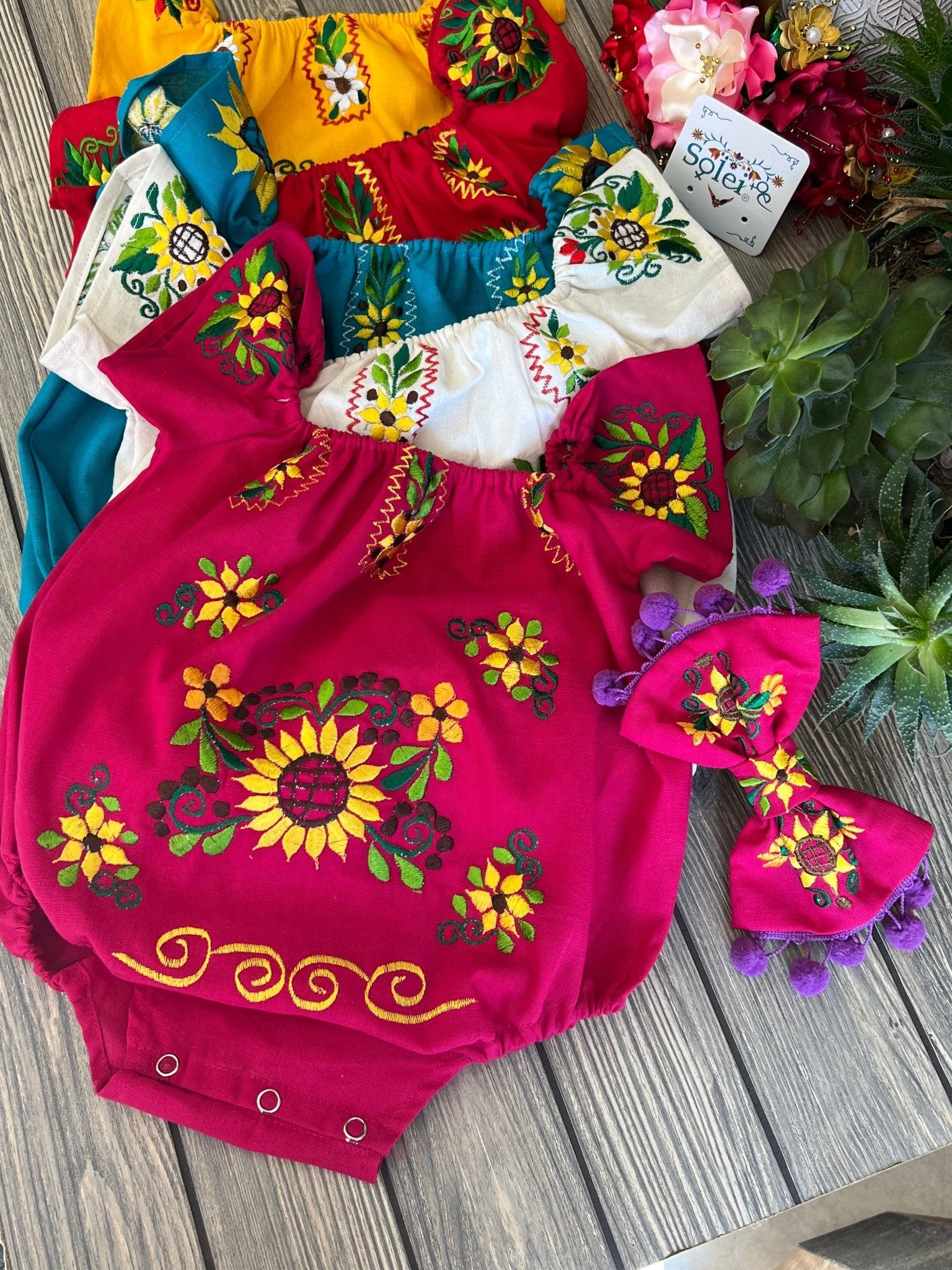 Mexican Baby Floral Embroidered Bodysuit. Pañalero Girasol - Solei Store