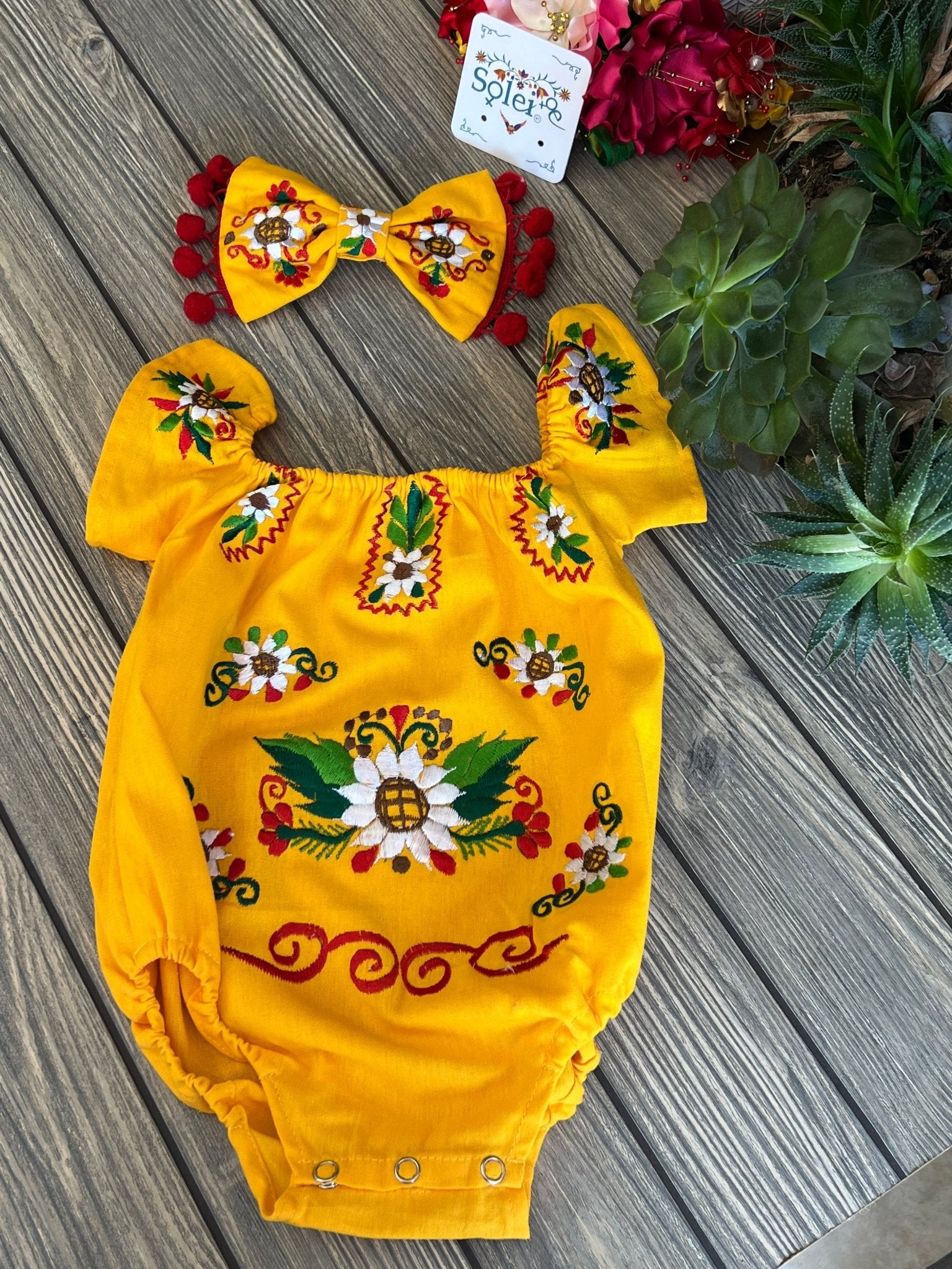 Mexican Baby Floral Embroidered Bodysuit. Pañalero Girasol - Solei Store