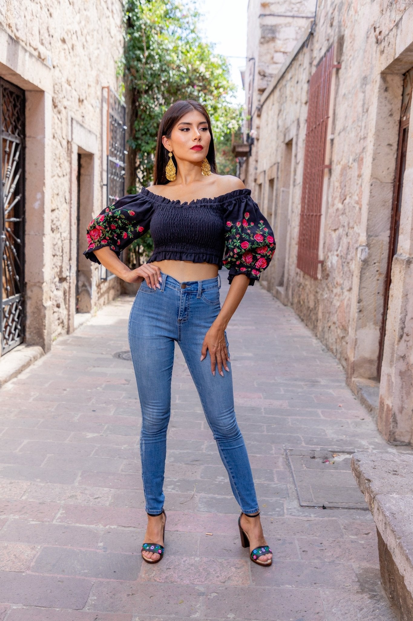 Mexican Balloon Sleeve Crop Top. Blusa Rosas Rosalia. - Solei Store