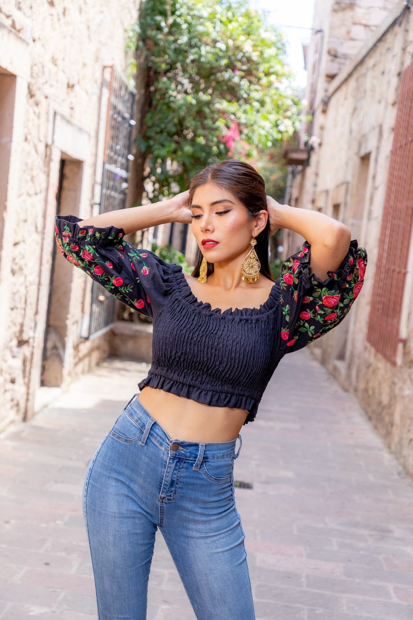 Mexican Balloon Sleeve Crop Top. Blusa Rosas Rosalia. - Solei Store