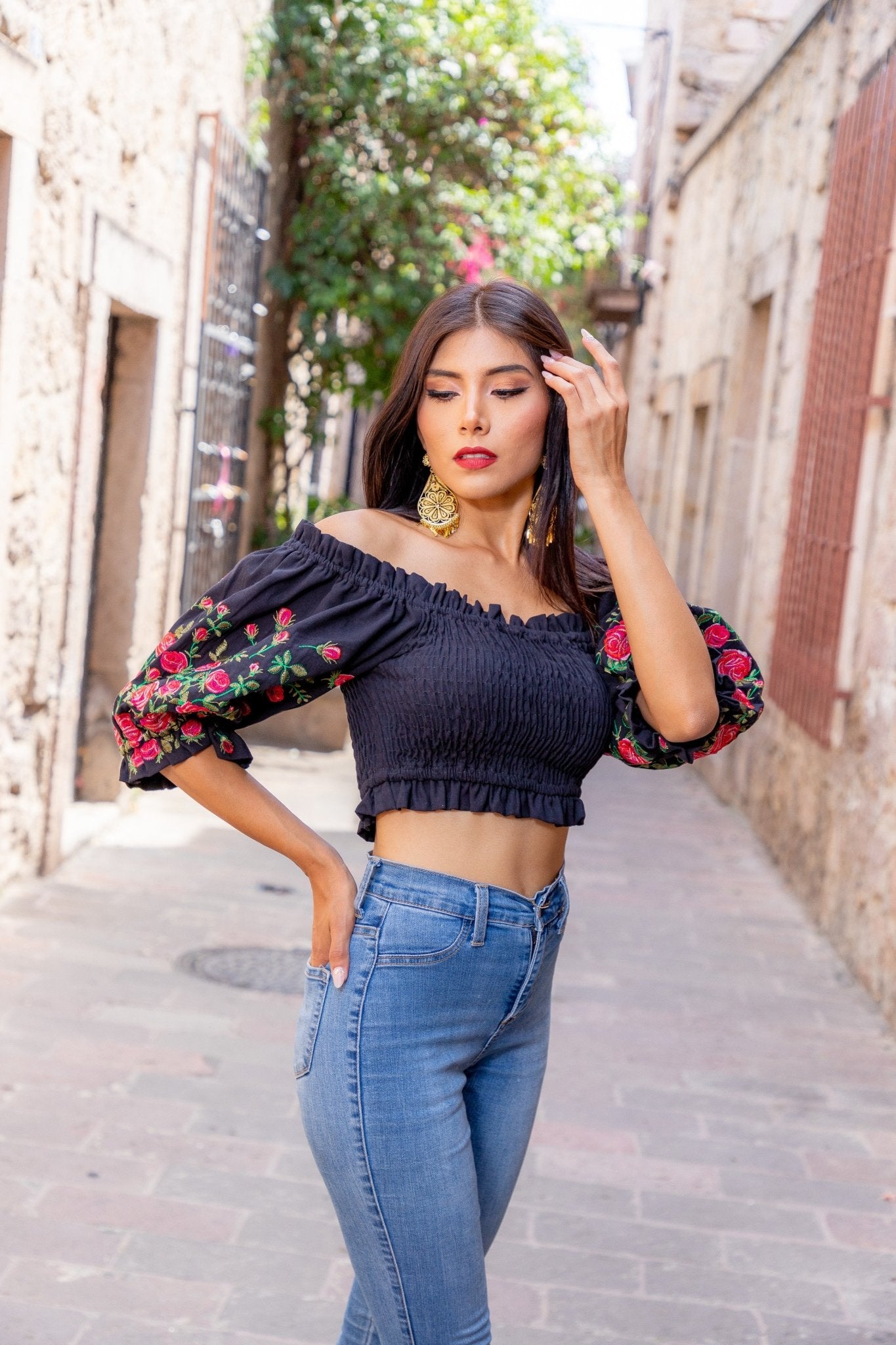 Mexican Balloon Sleeve Crop Top. Blusa Rosas Rosalia. - Solei Store