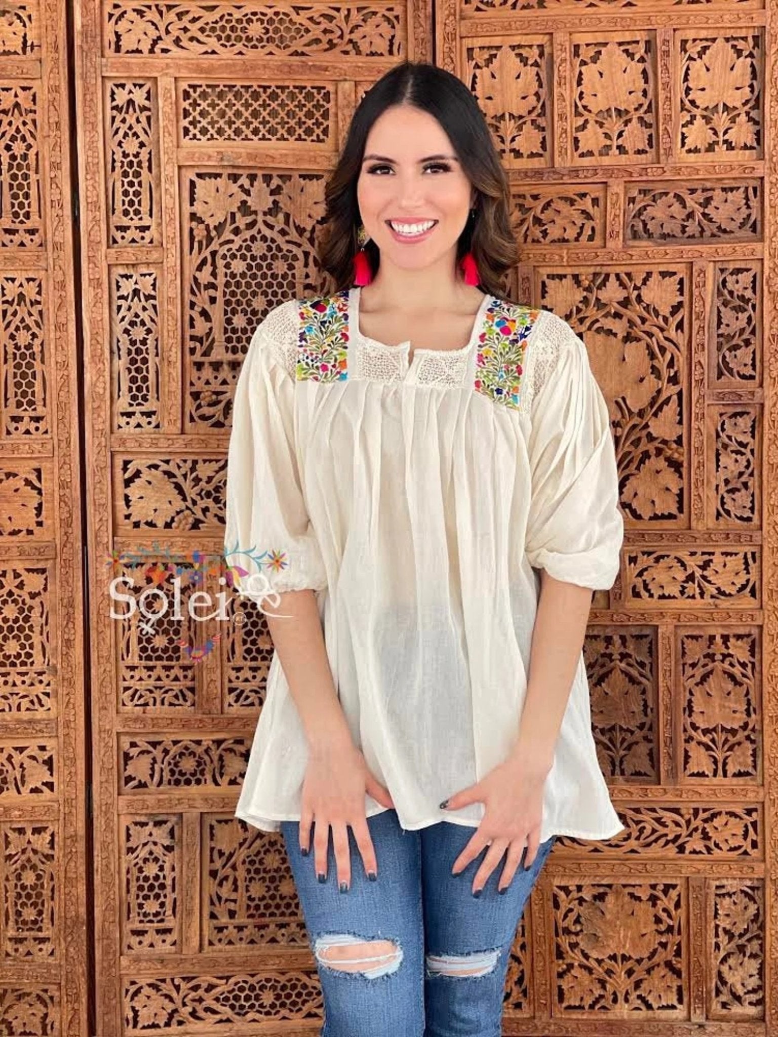Mexican Balloon Sleeve Floral Blouse. Blusa Española. - Solei Store