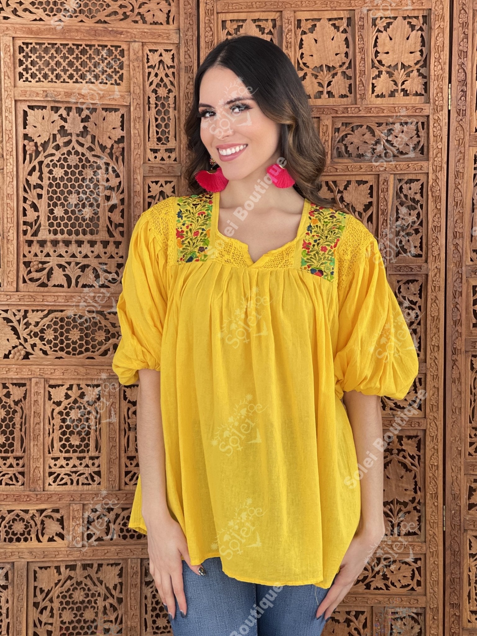 Mexican Balloon Sleeve Floral Blouse. Española Blouse. - Solei Store
