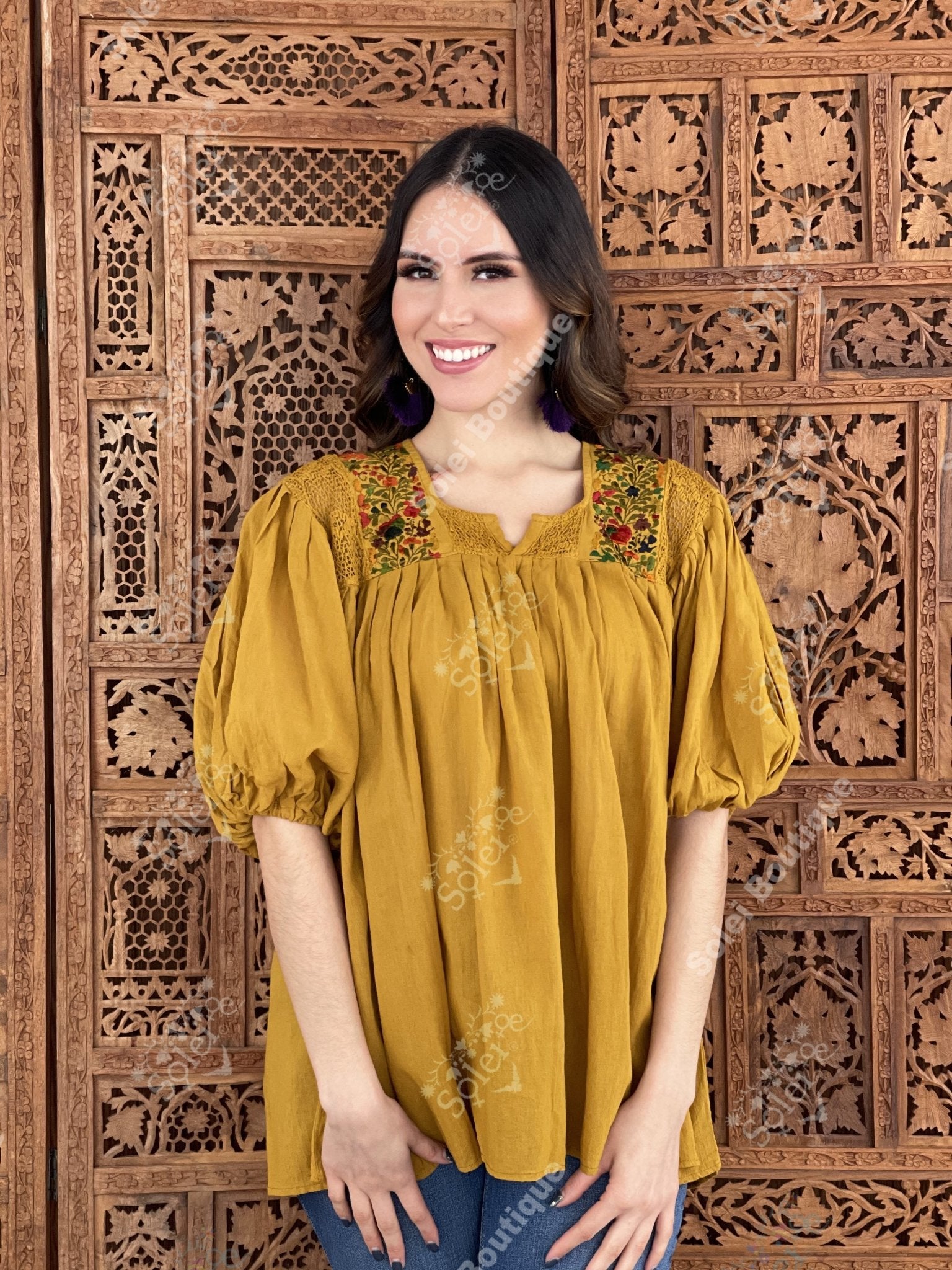 Mexican Balloon Sleeve Floral Blouse. Española Blouse. - Solei Store