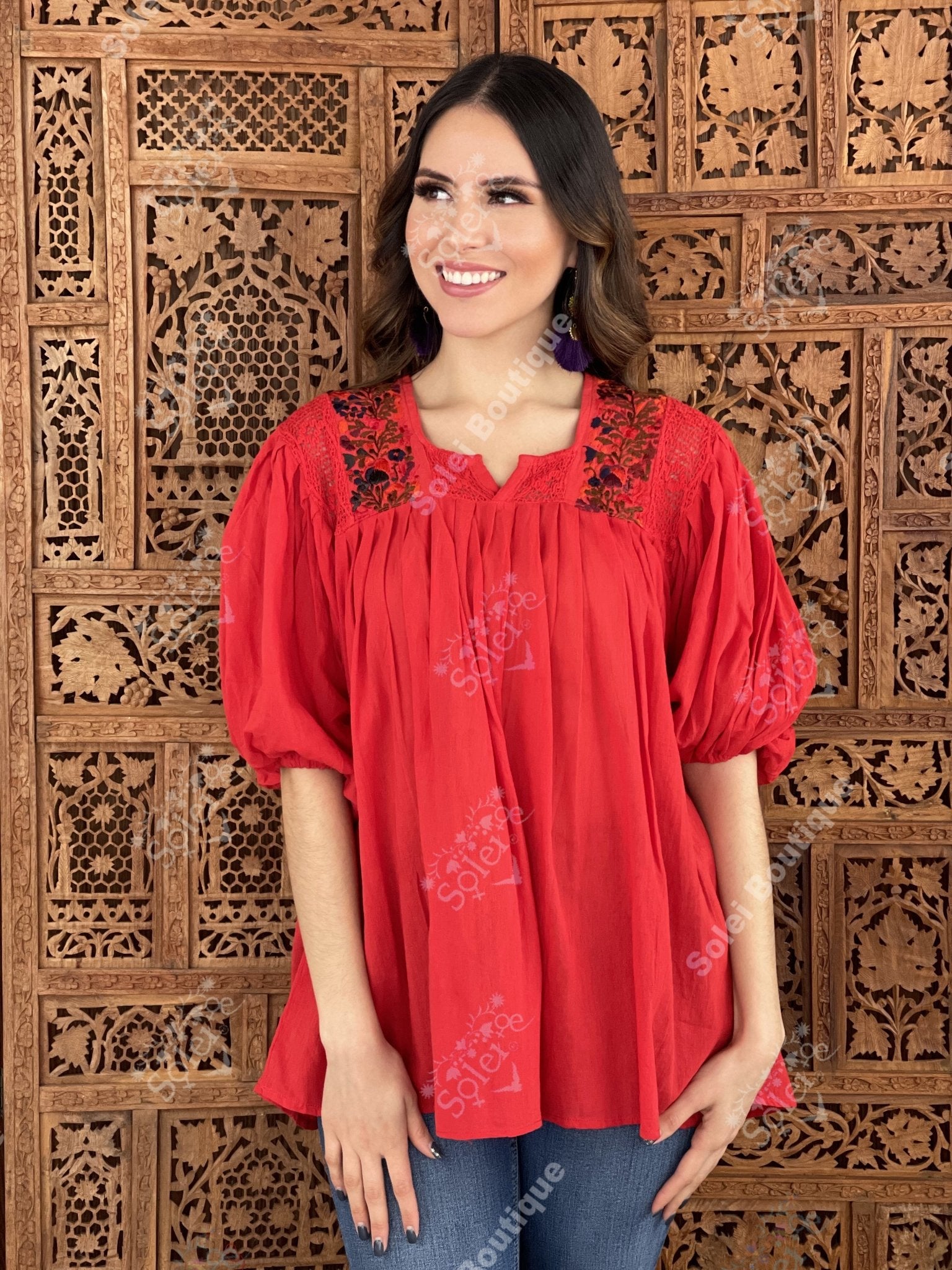 Mexican Balloon Sleeve Floral Blouse. Española Blouse. - Solei Store