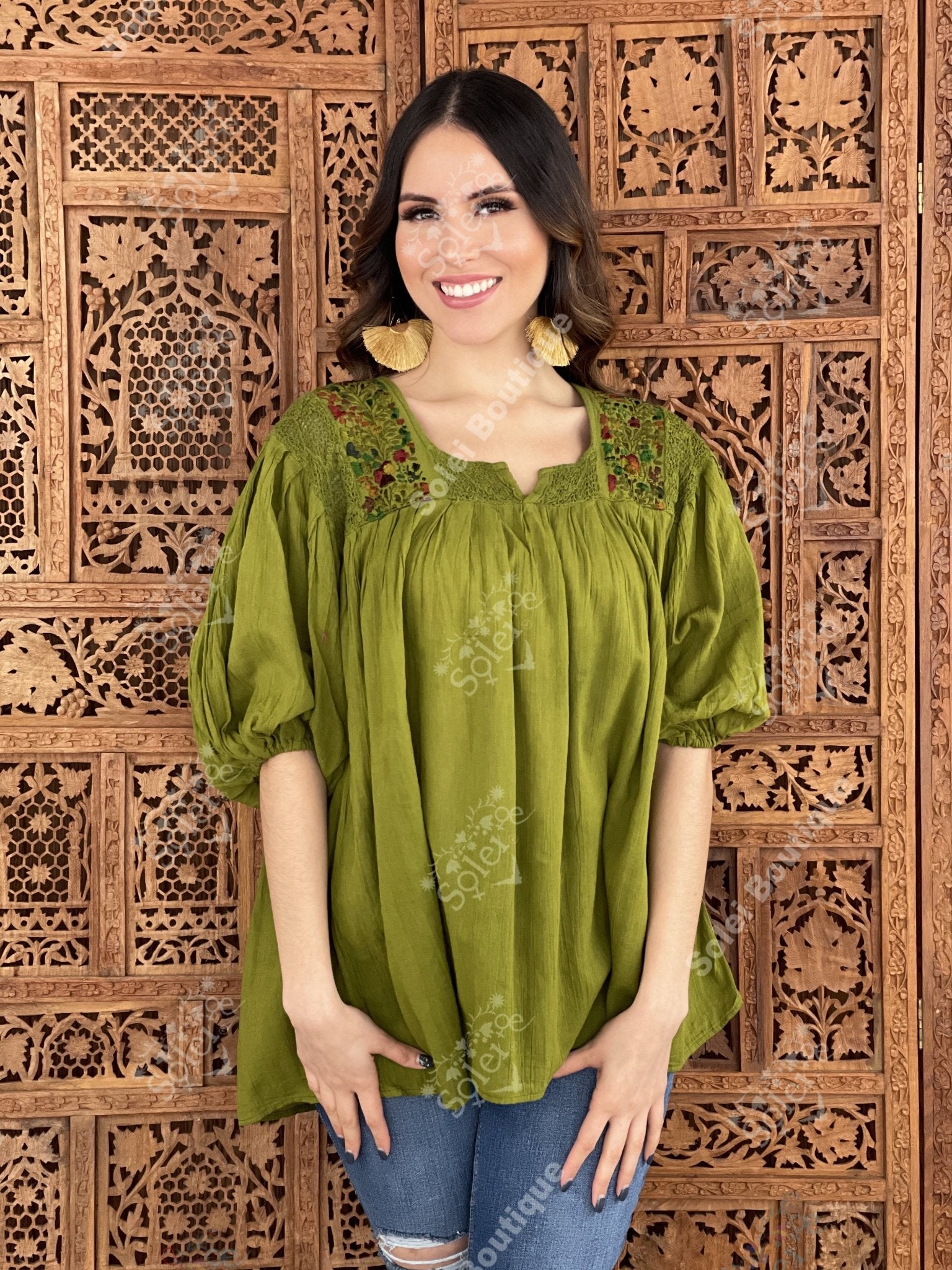 Mexican Balloon Sleeve Floral Blouse. Española Blouse. - Solei Store
