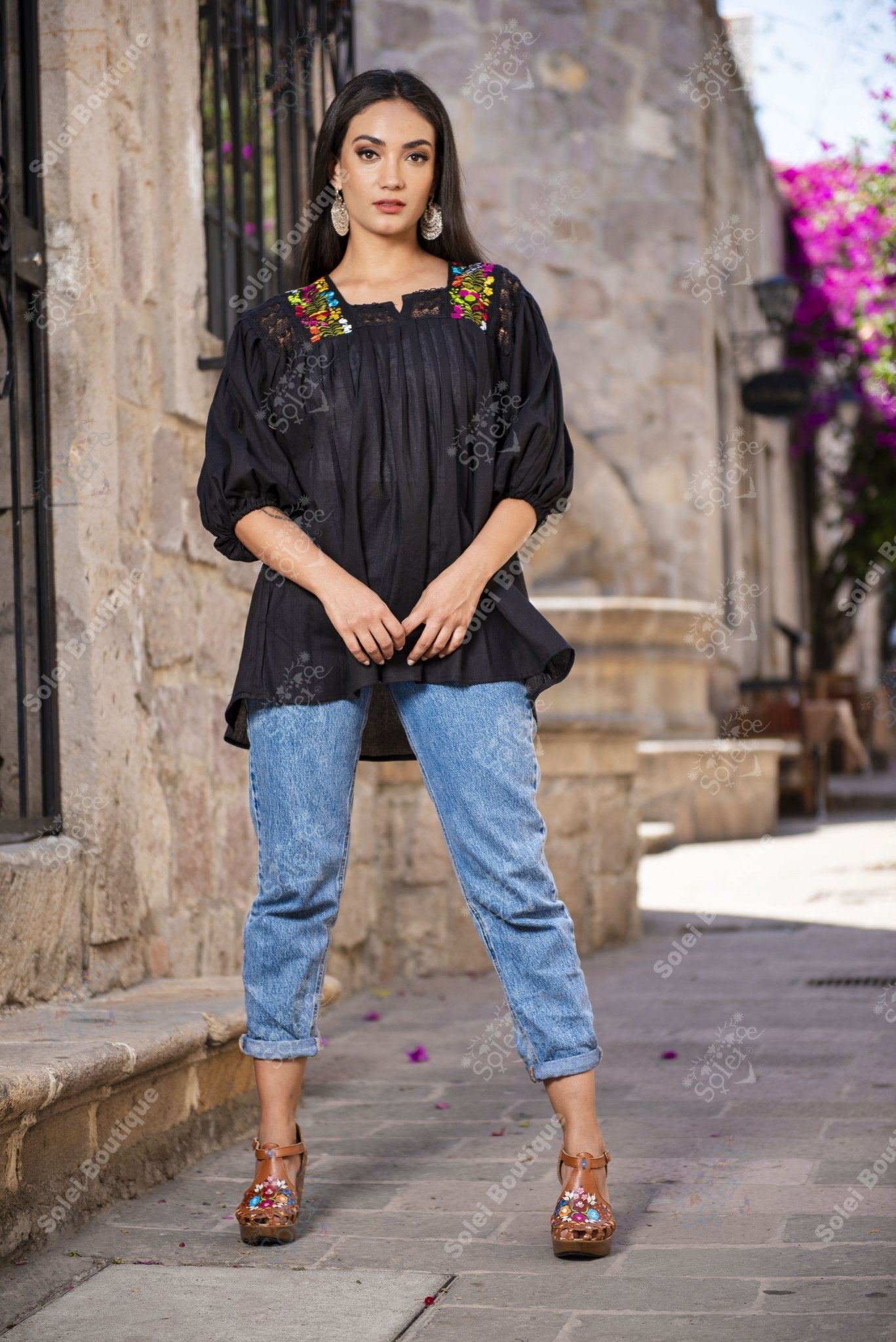 Mexican Balloon Sleeve Floral Blouse. Española Blouse. - Solei Store