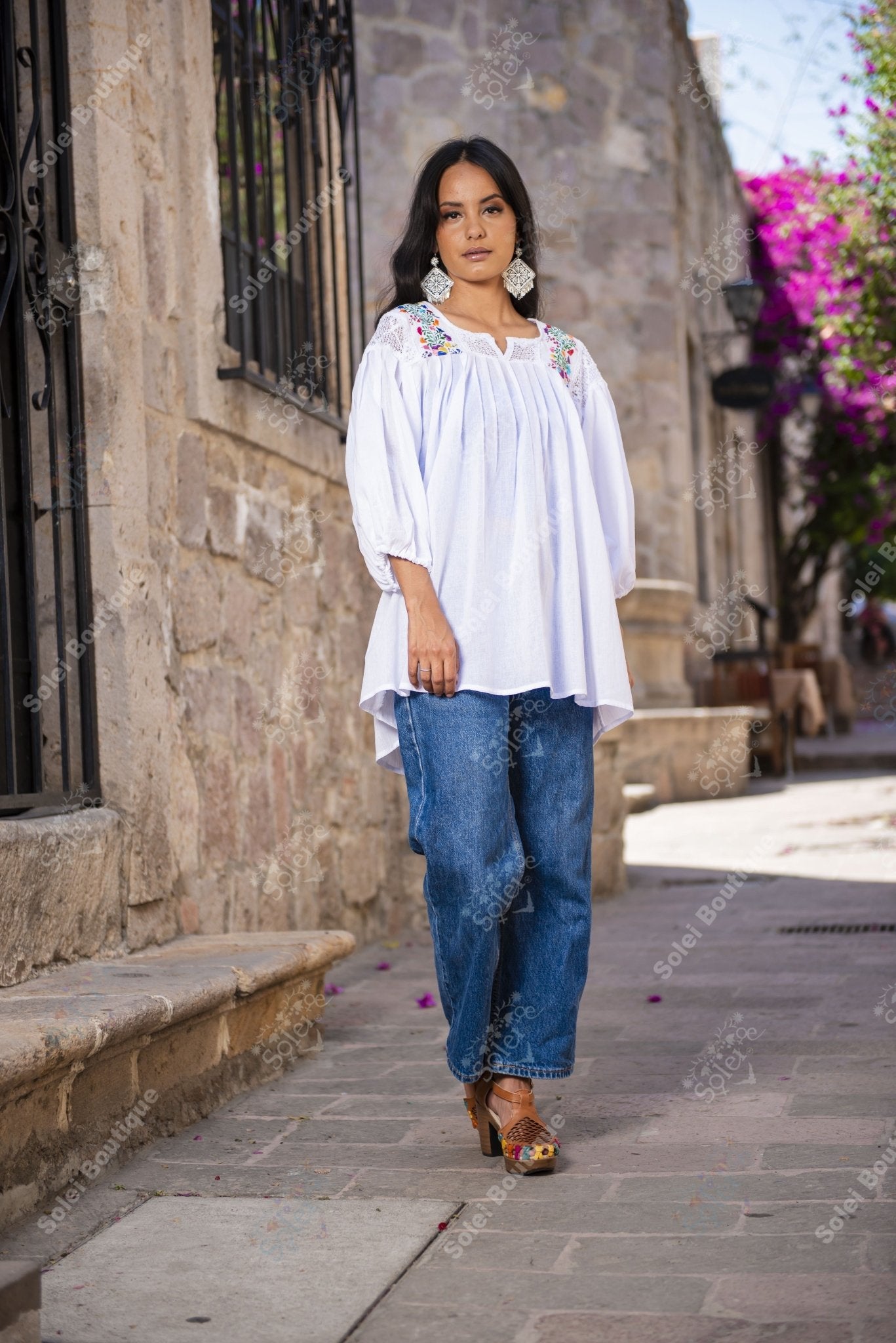 Mexican Balloon Sleeve Floral Blouse. Española Blouse. - Solei Store
