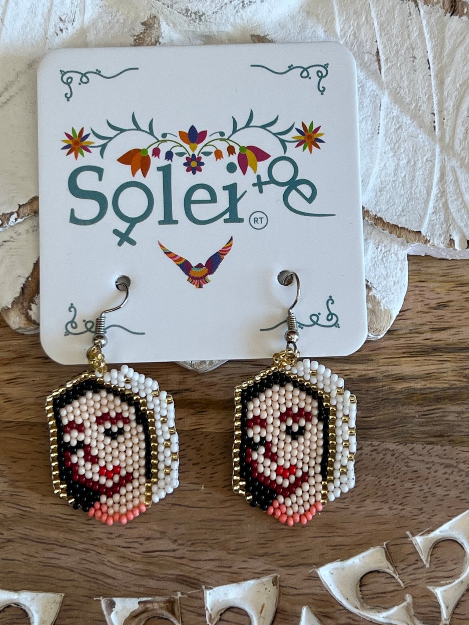 Mexican Beaded Artisanal Ethnic Earrings. Chaquira Virgen Earrings. - Solei Store