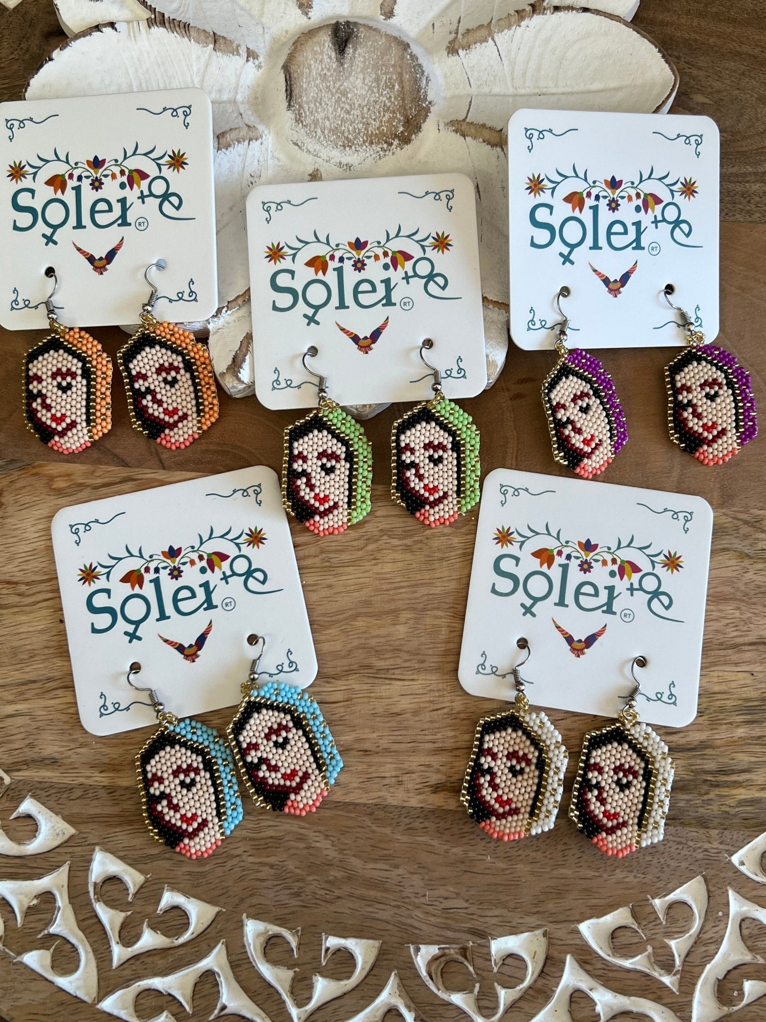 Mexican Beaded Artisanal Ethnic Earrings. Chaquira Virgen Earrings. - Solei Store