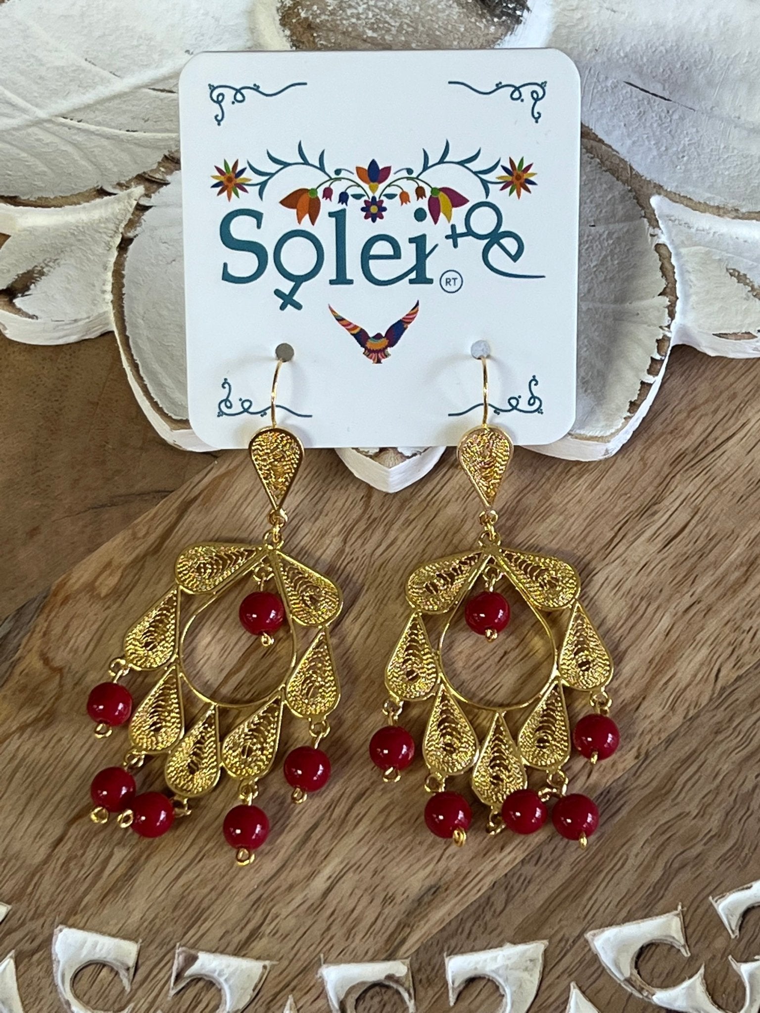 Mexican Beaded Filigree Earrings. Aretes Colgante Piedra. - Solei Store