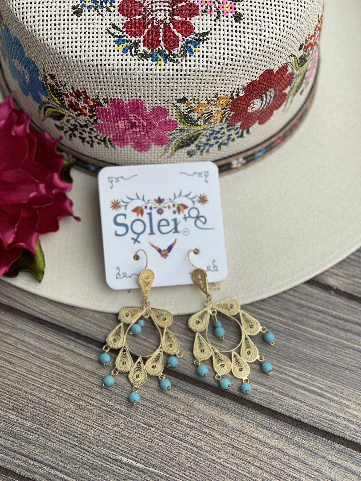 Mexican Beaded Filigree Earrings. Filigrana Colgante Piedra. - Solei Store