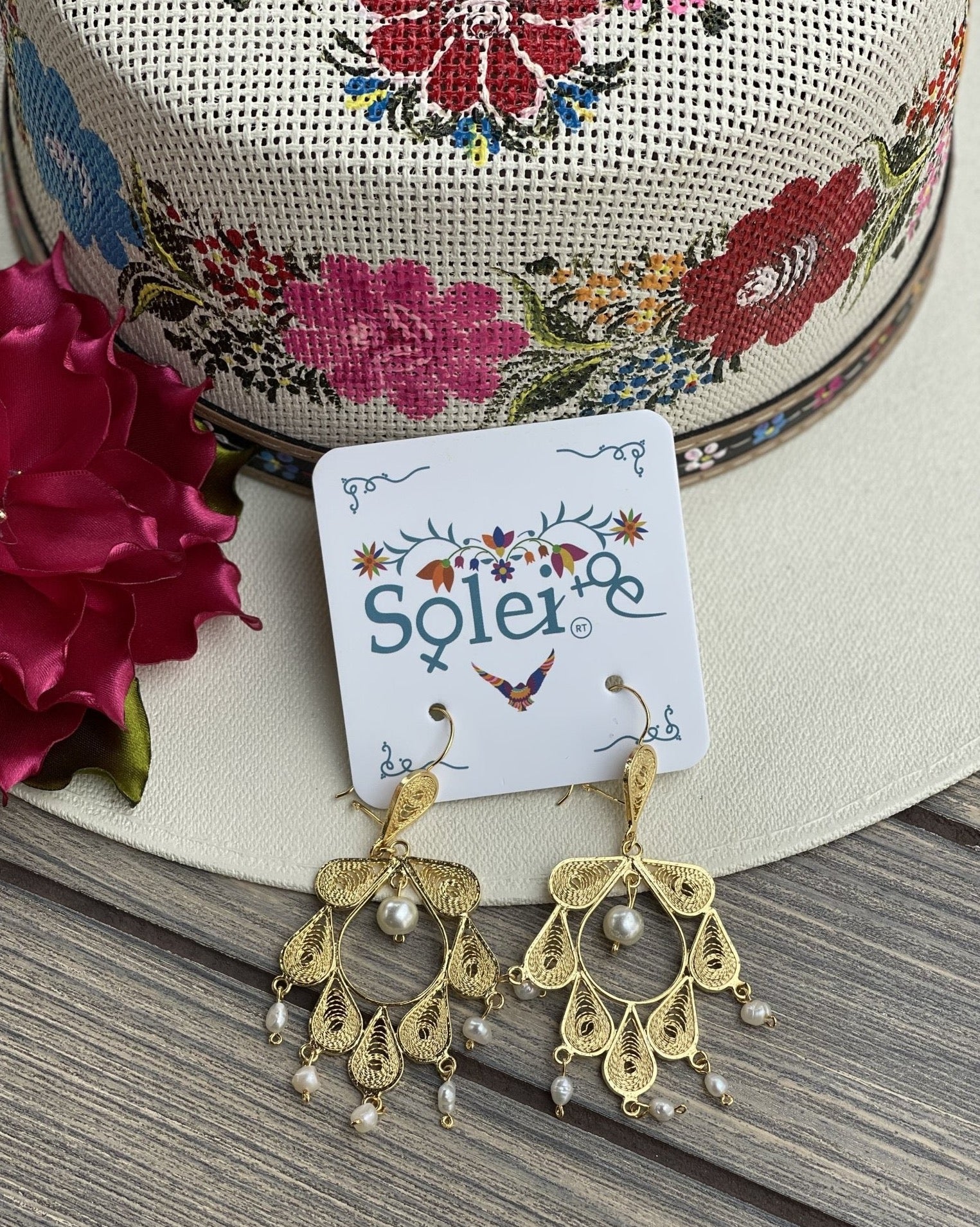 Mexican Beaded Filigree Earrings. Filigrana Colgante Piedra. - Solei Store