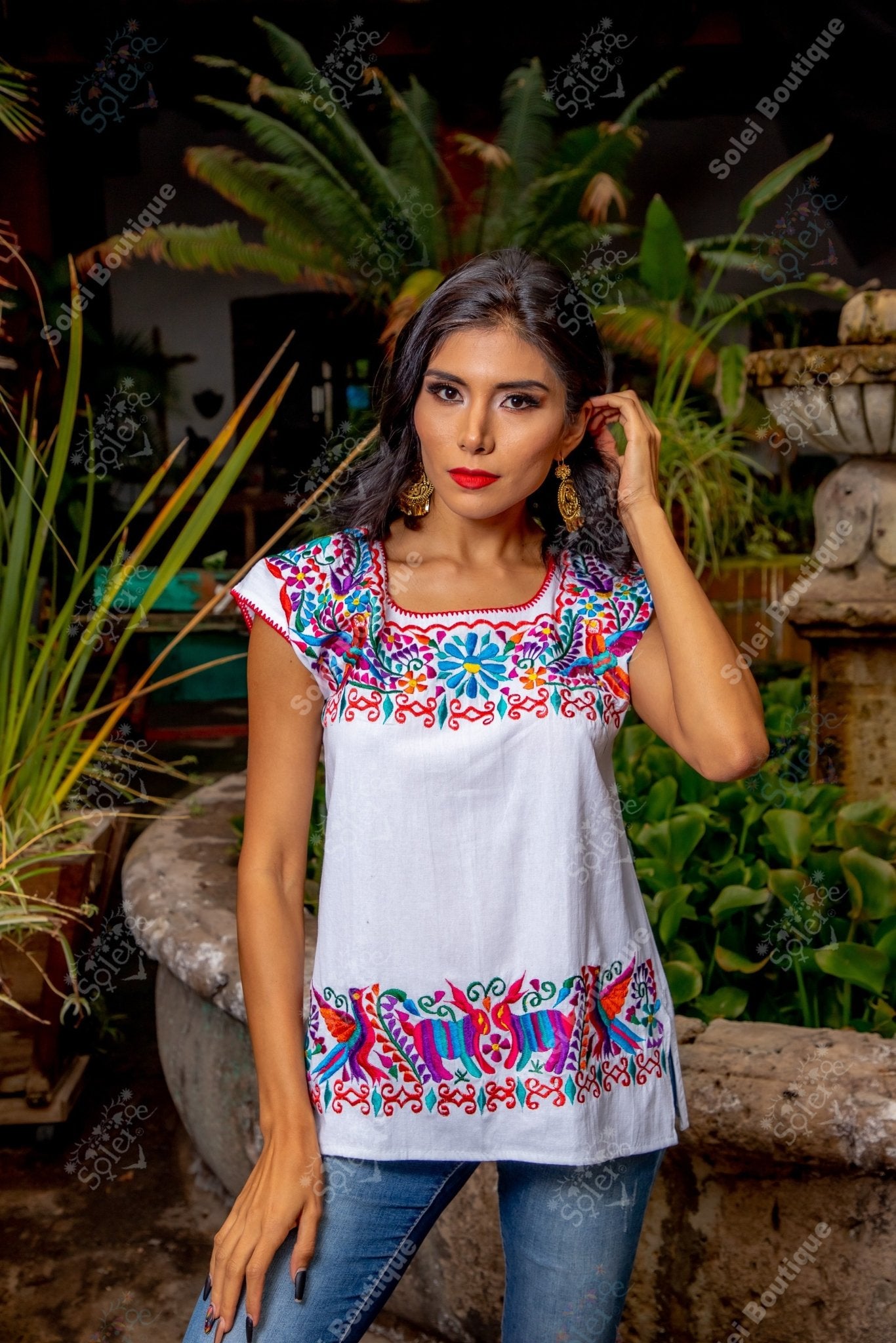 Mexican Blouse Short sleeve scoop neck blouse. Crochet details on the neckline. Embroidered Mexican design. Otomi Blouse - Solei Store