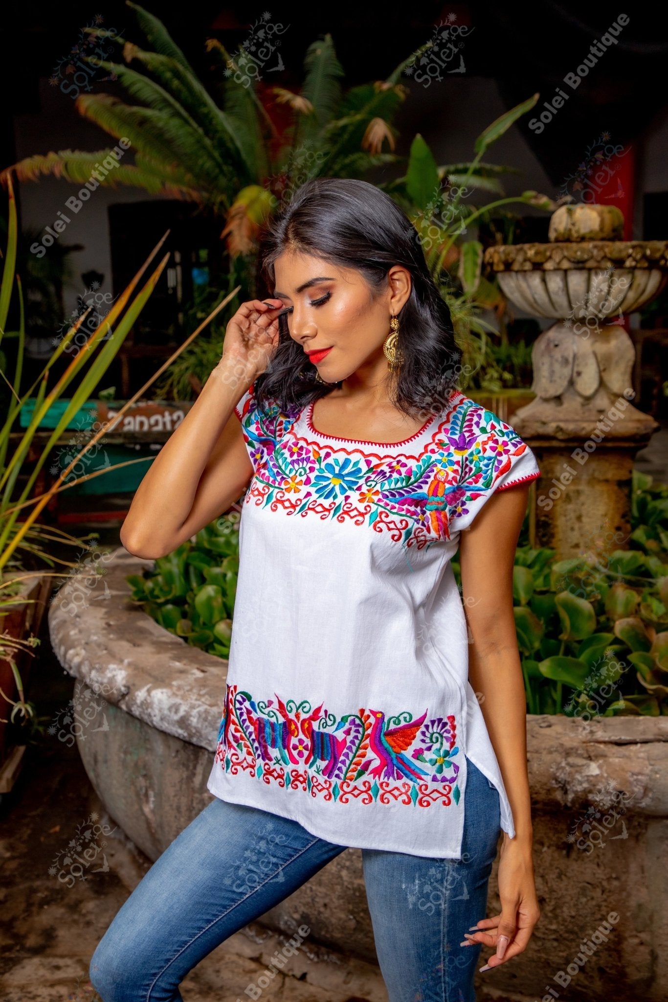 Mexican Blouse Short sleeve scoop neck blouse. Crochet details on the neckline. Embroidered Mexican design. Otomi Blouse - Solei Store