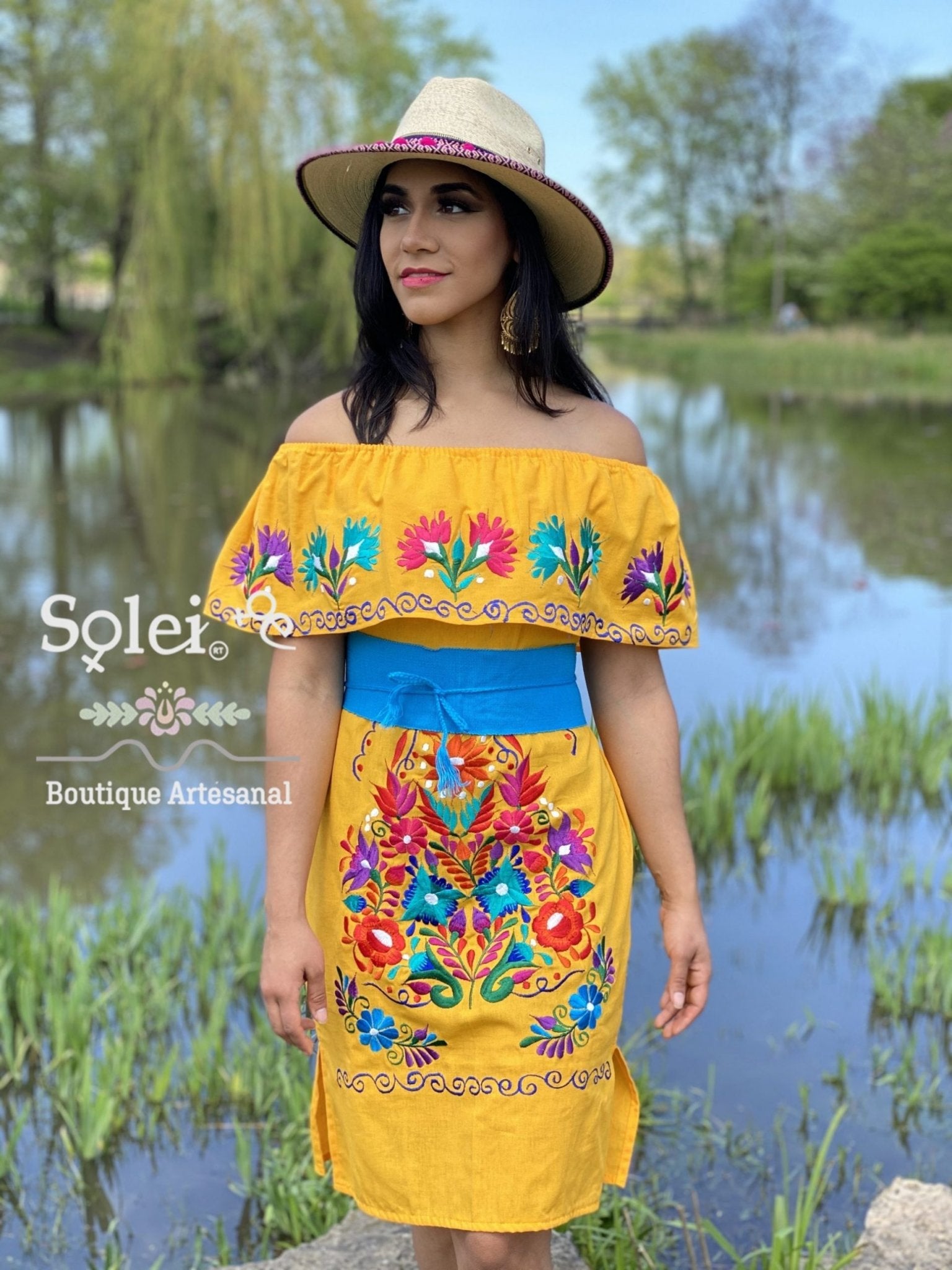 Mexican Clavel Dress. Mexican Off the Shoulder Campesino Dress. Large Floral Embroidered Dress. Traditional Mexican Dress. - Solei Store