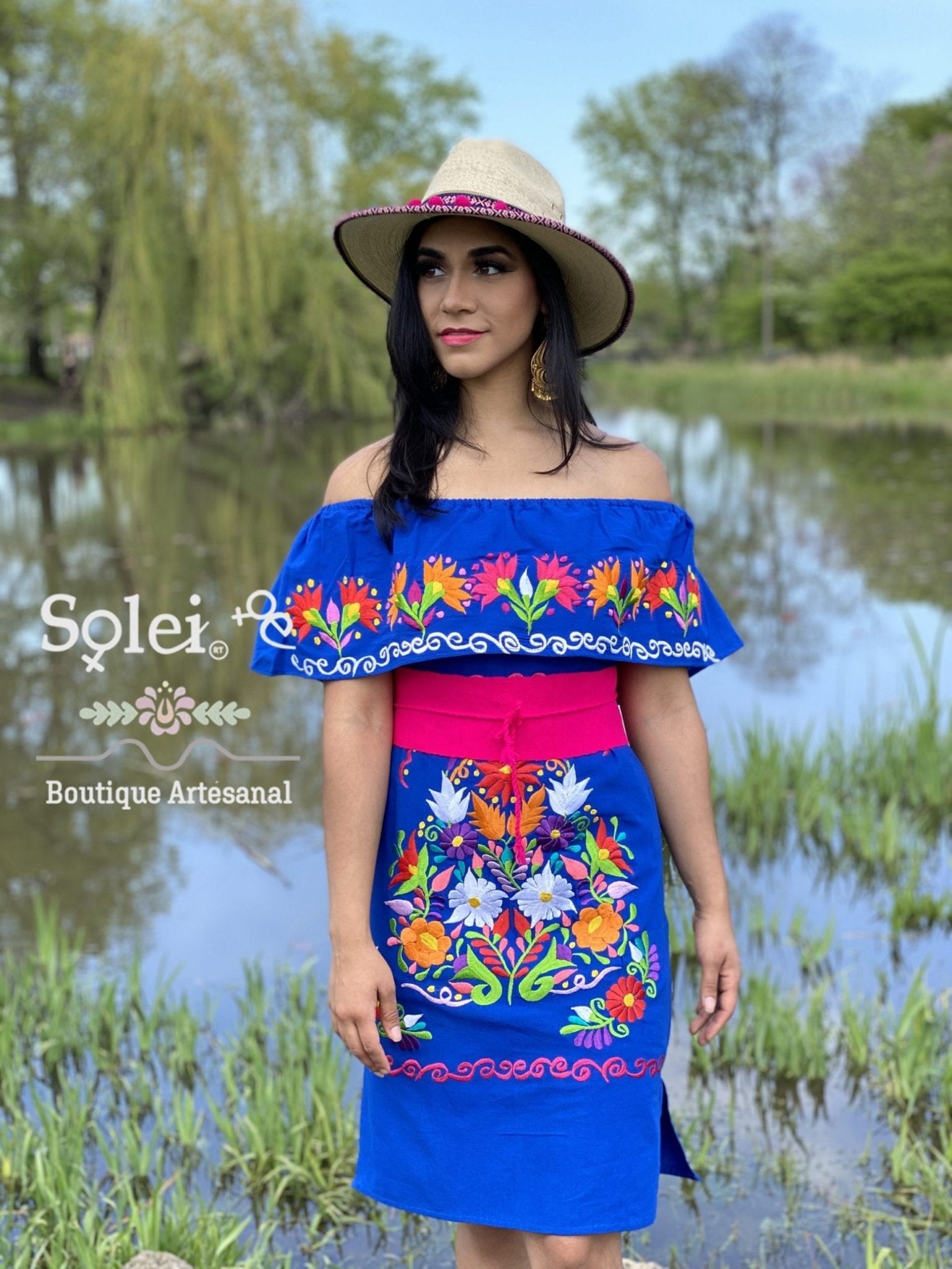 Mexican Clavel Dress. Mexican Off the Shoulder Campesino Dress. Large Floral Embroidered Dress. Traditional Mexican Dress. - Solei Store
