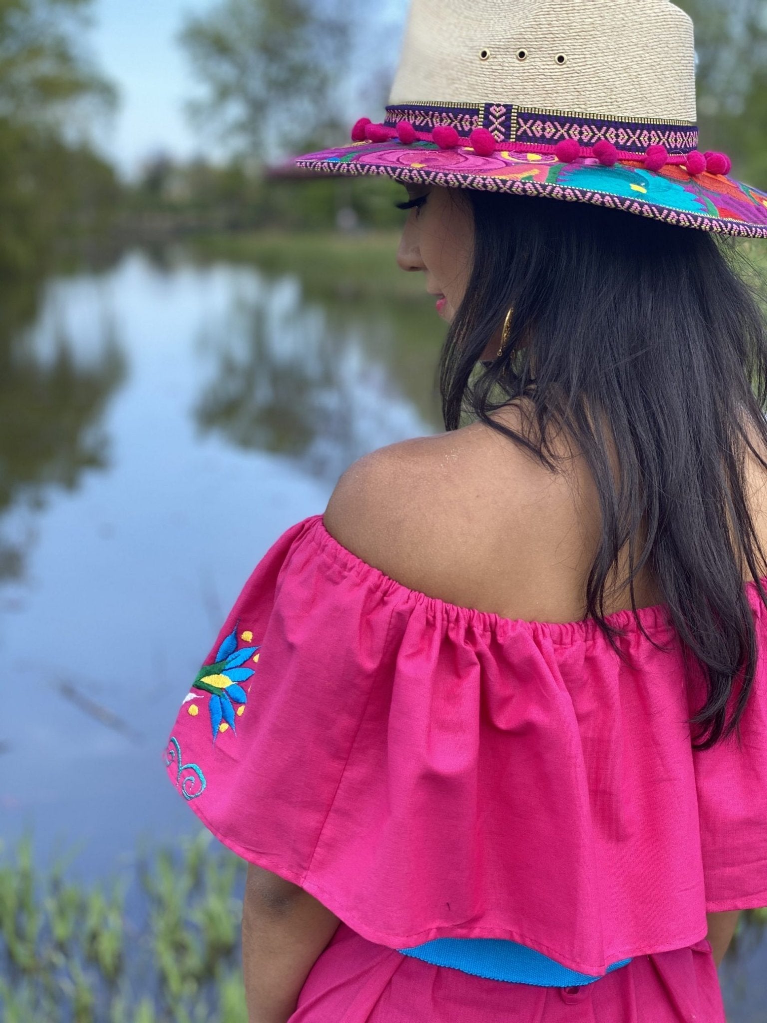 Mexican Clavel Dress. Mexican Off the Shoulder Campesino Dress. Large Floral Embroidered Dress. Traditional Mexican Dress. - Solei Store