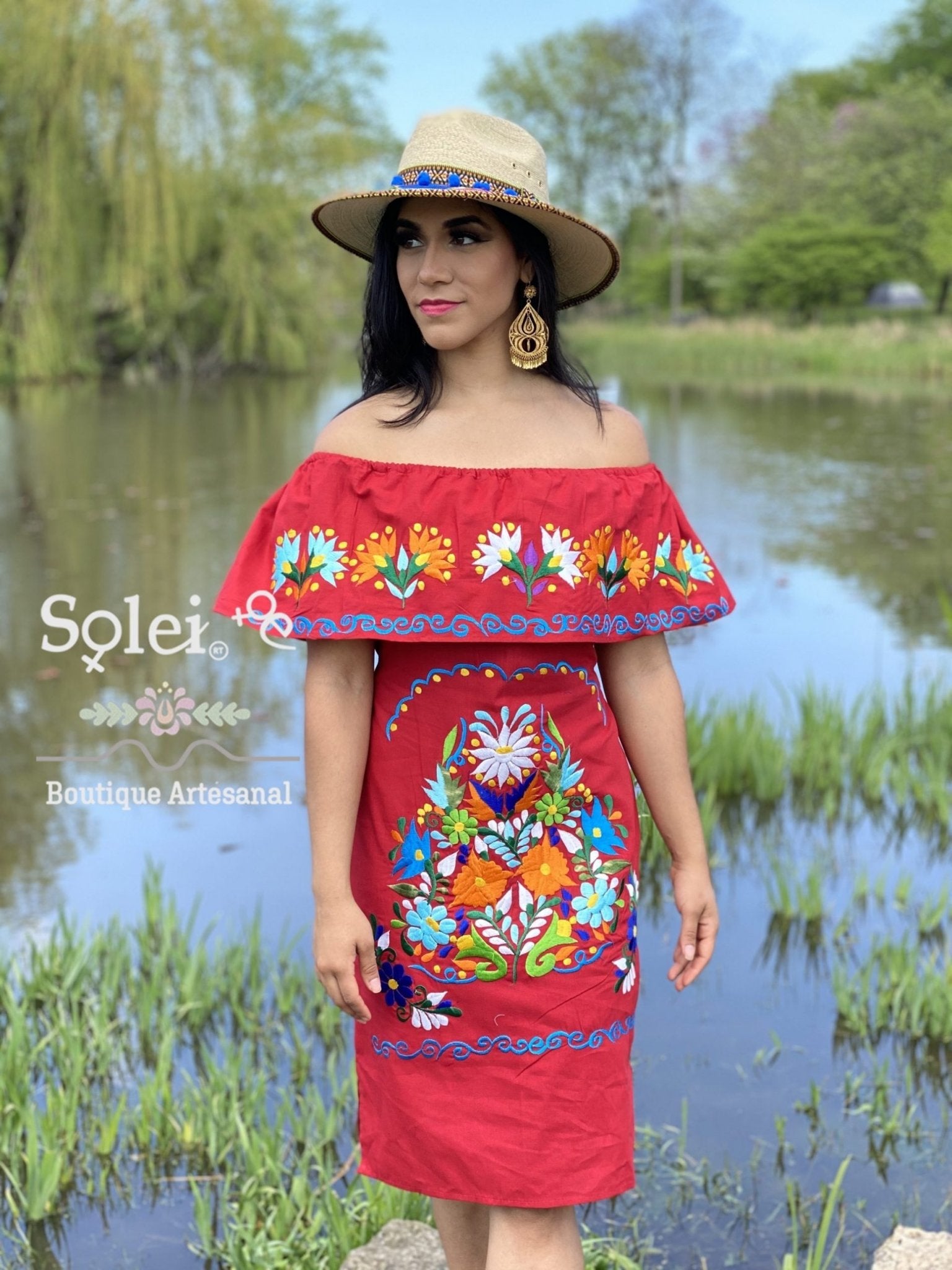 Mexican Clavel Dress. Mexican Off the Shoulder Campesino Dress. Large Floral Embroidered Dress. Traditional Mexican Dress. - Solei Store