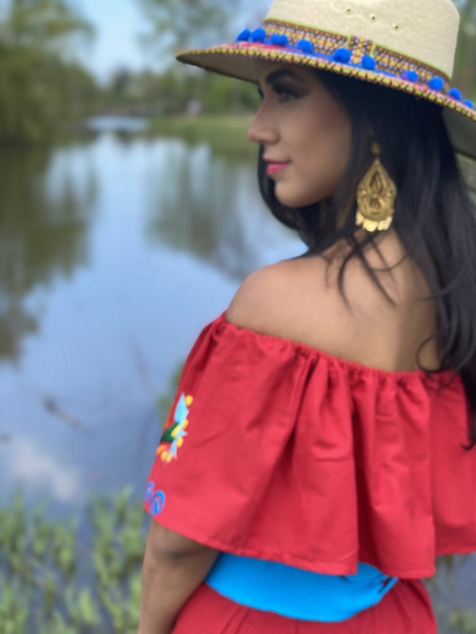 Mexican Clavel Dress. Mexican Off the Shoulder Campesino Dress. Large Floral Embroidered Dress. Traditional Mexican Dress. - Solei Store