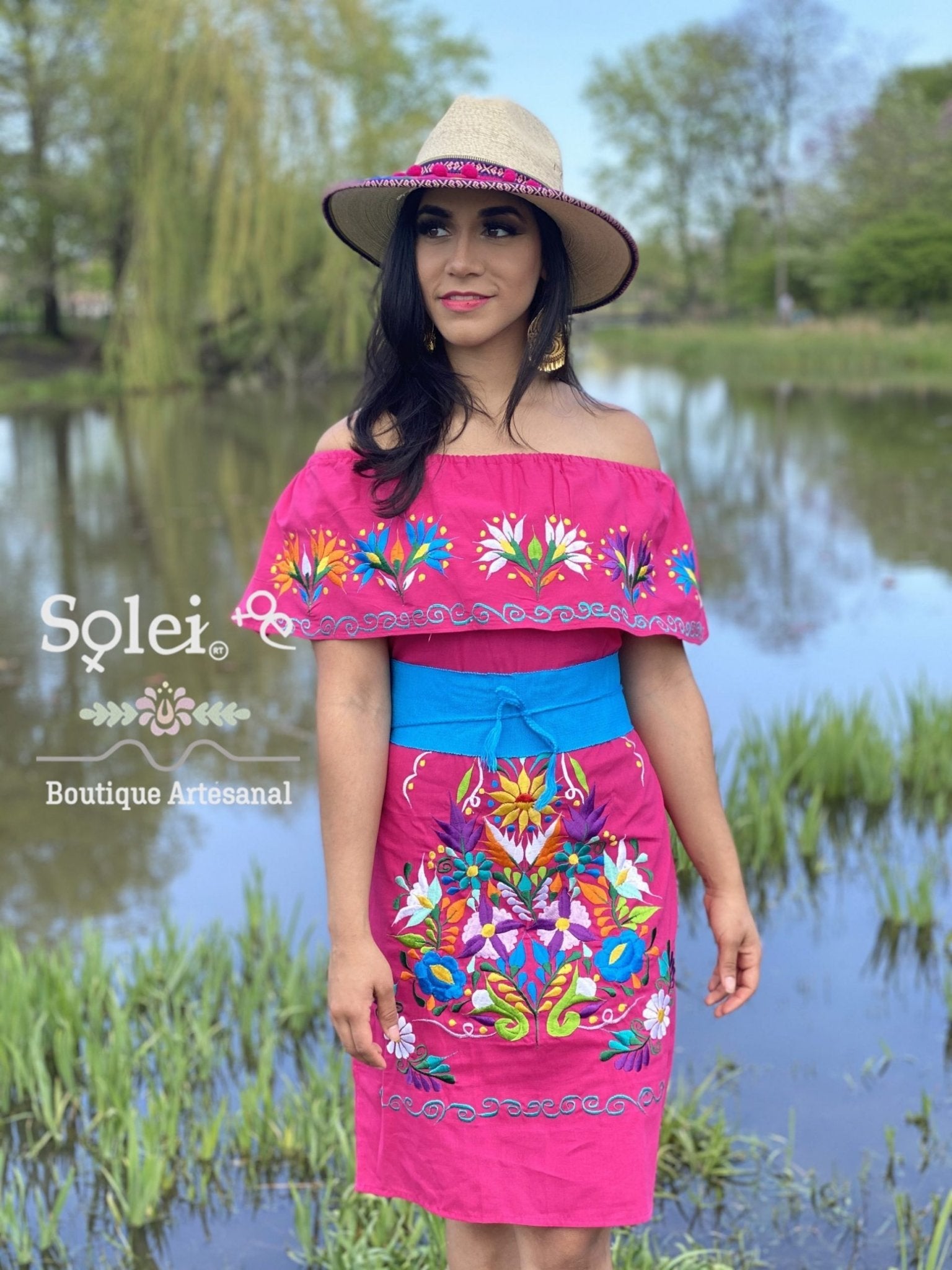 Mexican Clavel Dress. Mexican Off the Shoulder Campesino Dress. Large Floral Embroidered Dress. Traditional Mexican Dress. - Solei Store