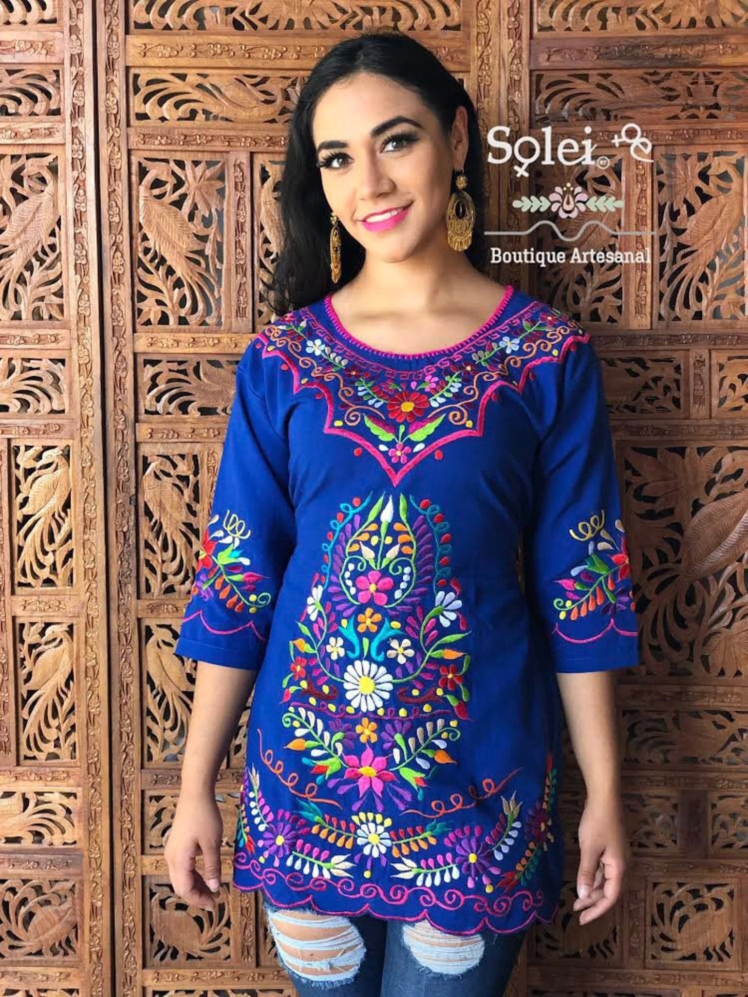 Mexican Colorful Embroidered 3/4 Blouse. Bluson Kimono - Solei Store