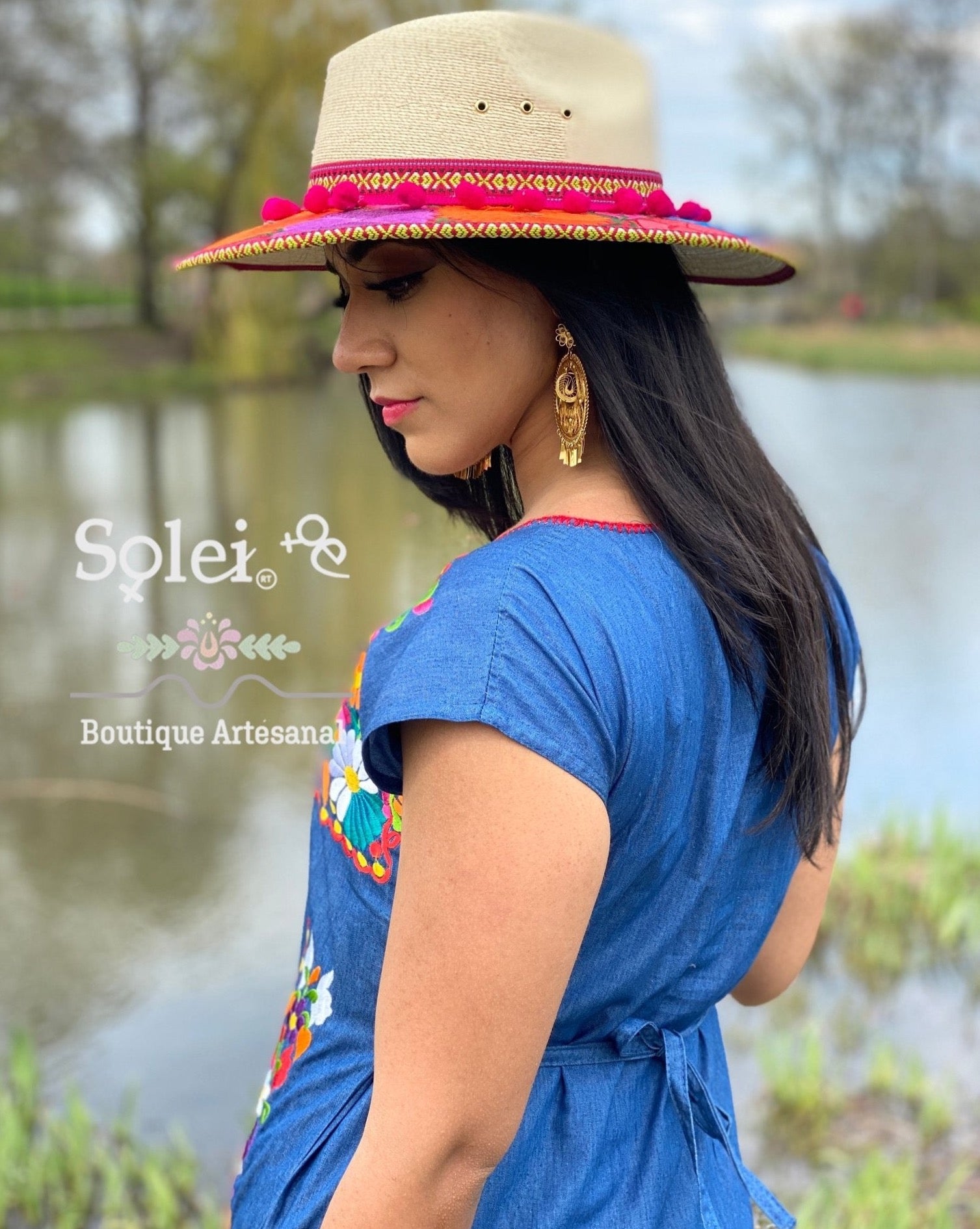 Mexican Colorful Embroidered Denim Dress. Vestido Ana Denim - Solei Store