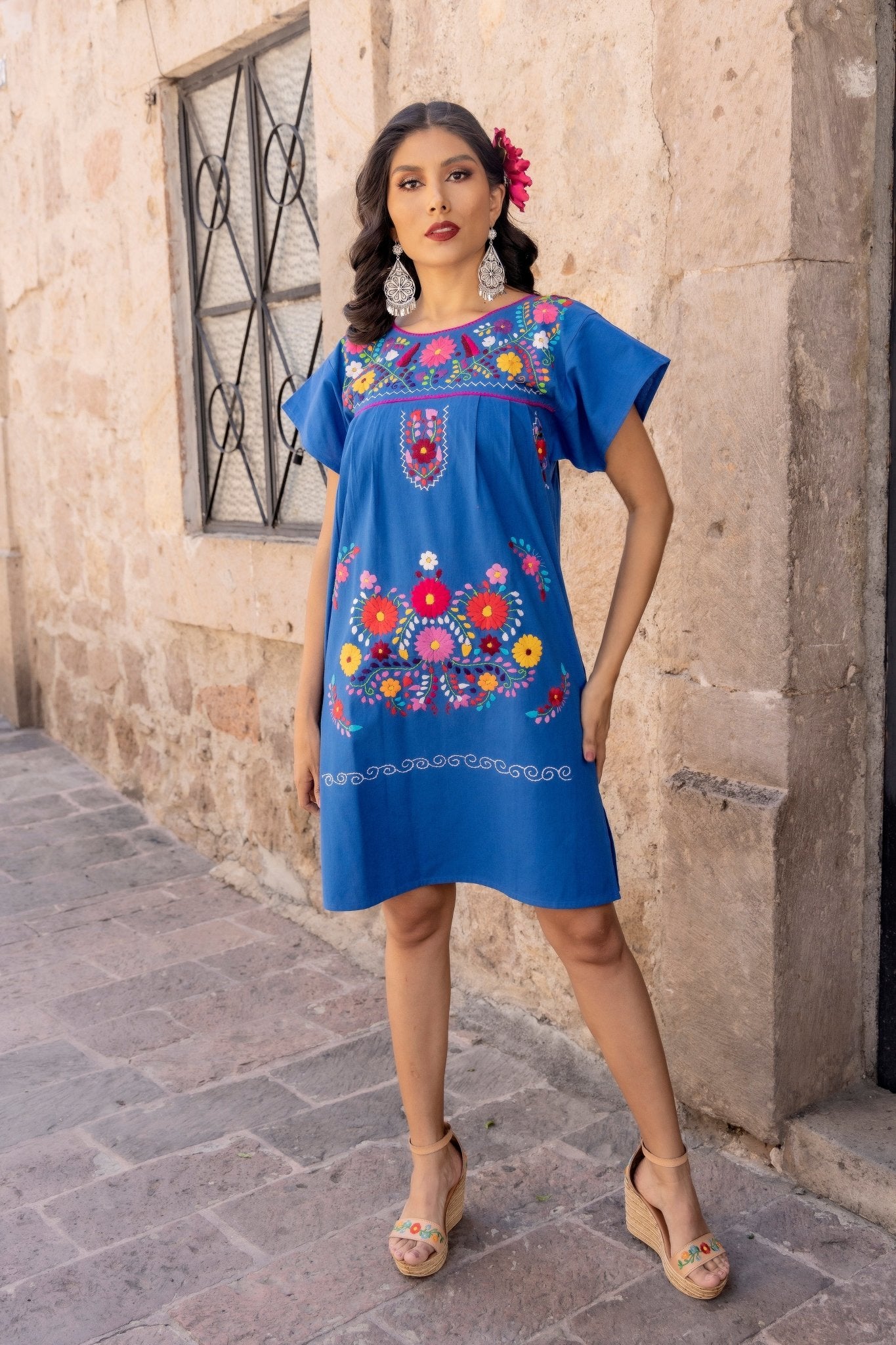 Mexican Colorful Hand Embroidered Floral Dress. Vestido Tehuacan Fino Corto - Solei Store