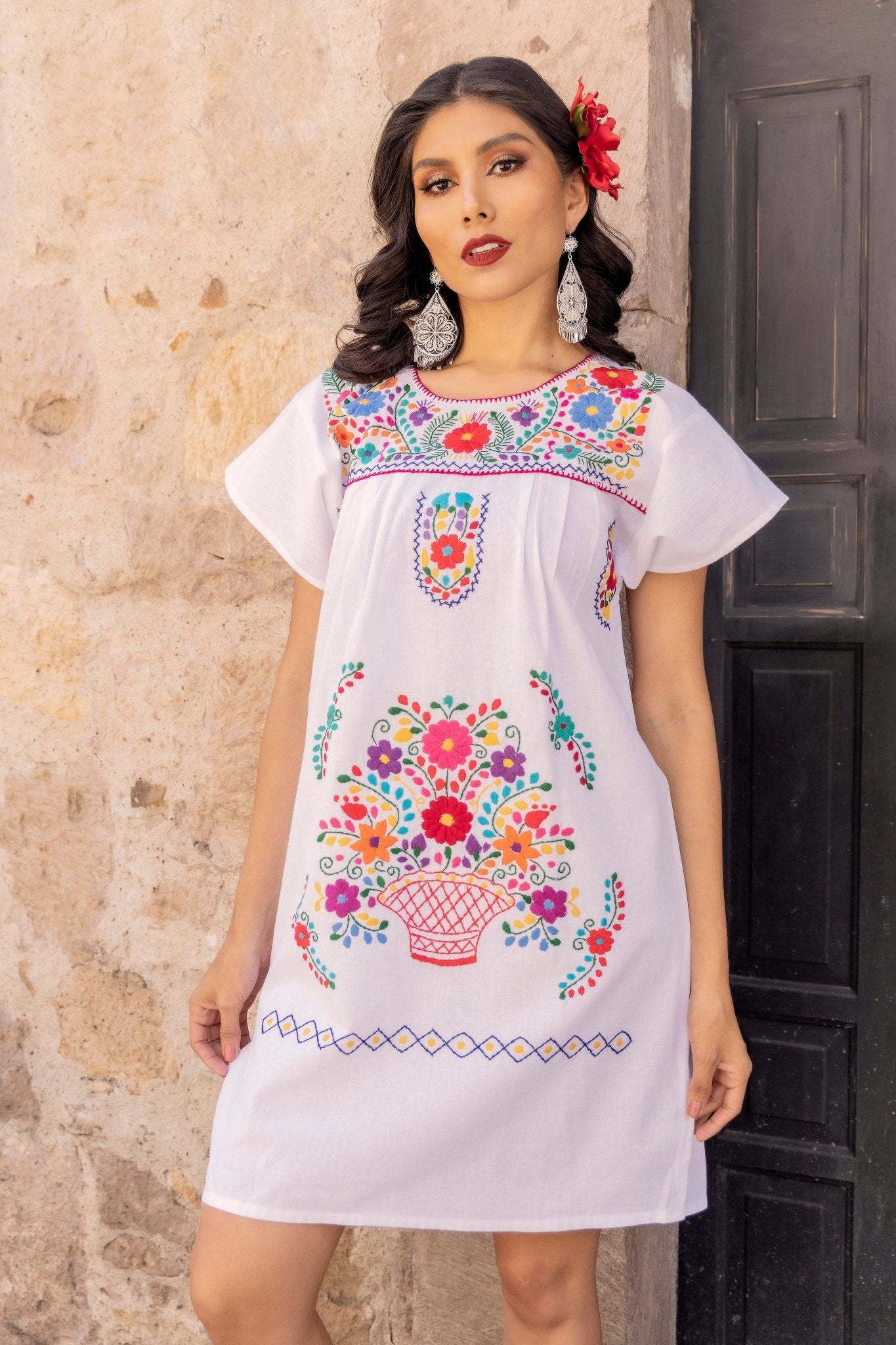 Mexican Colorful Hand Embroidered Floral Dress. Vestido Tehuacan Fino Corto - Solei Store