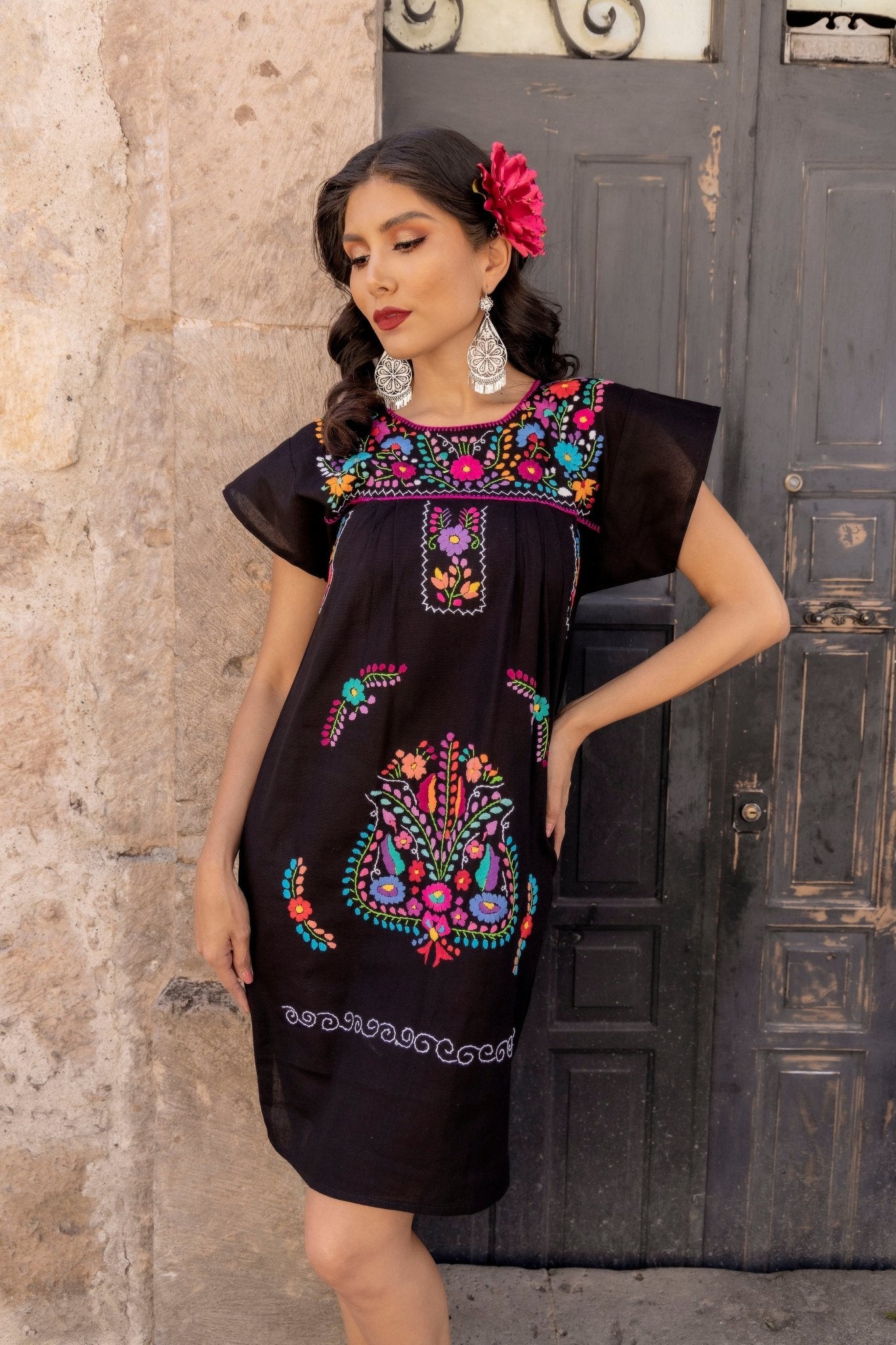 Mexican Colorful Hand Embroidered Floral Dress. Vestido Tehuacan Fino Corto - Solei Store