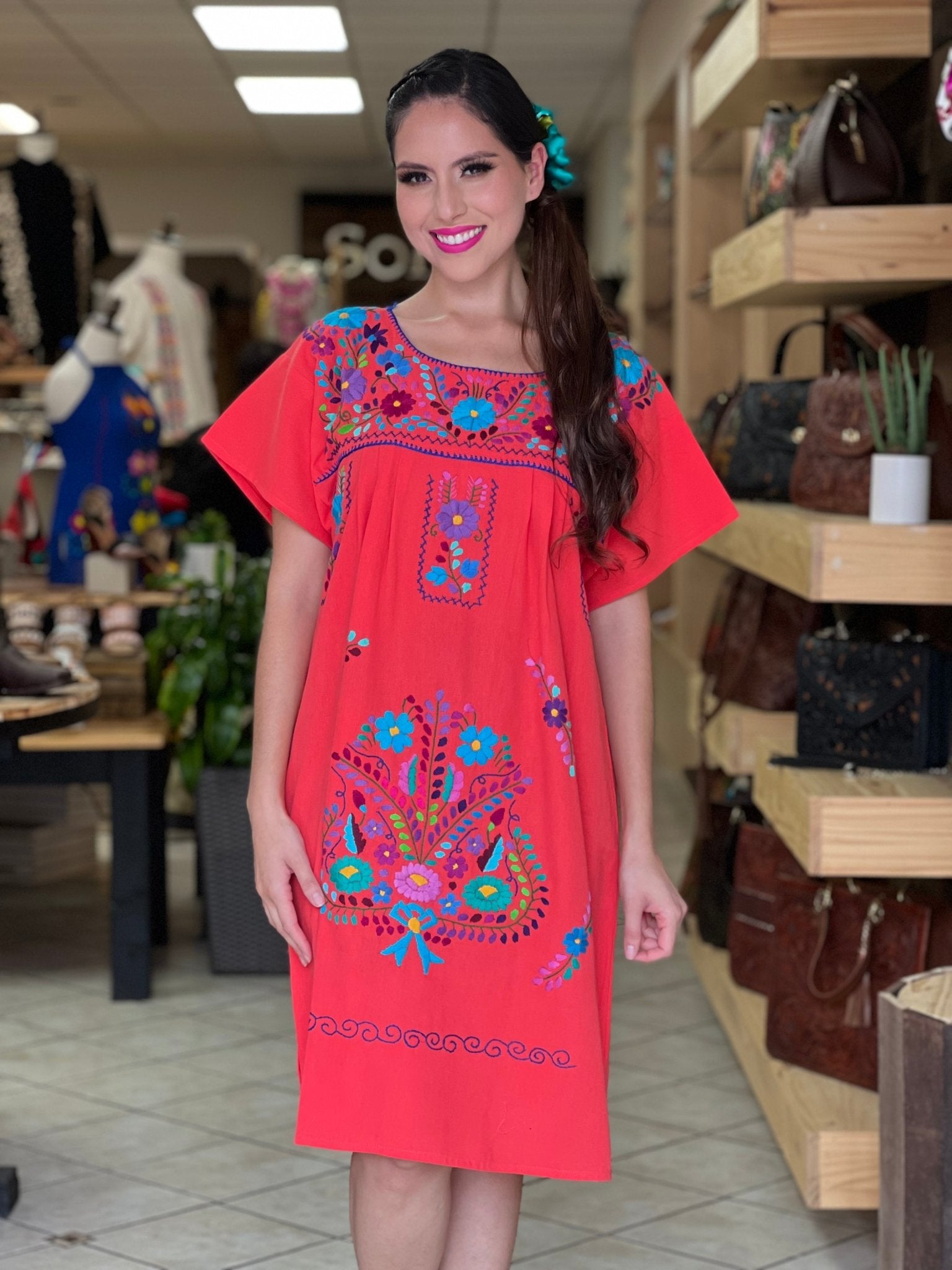 Mexican Colorful Hand Embroidered Floral Dress. Vestido Tehuacan Fino Corto - Solei Store