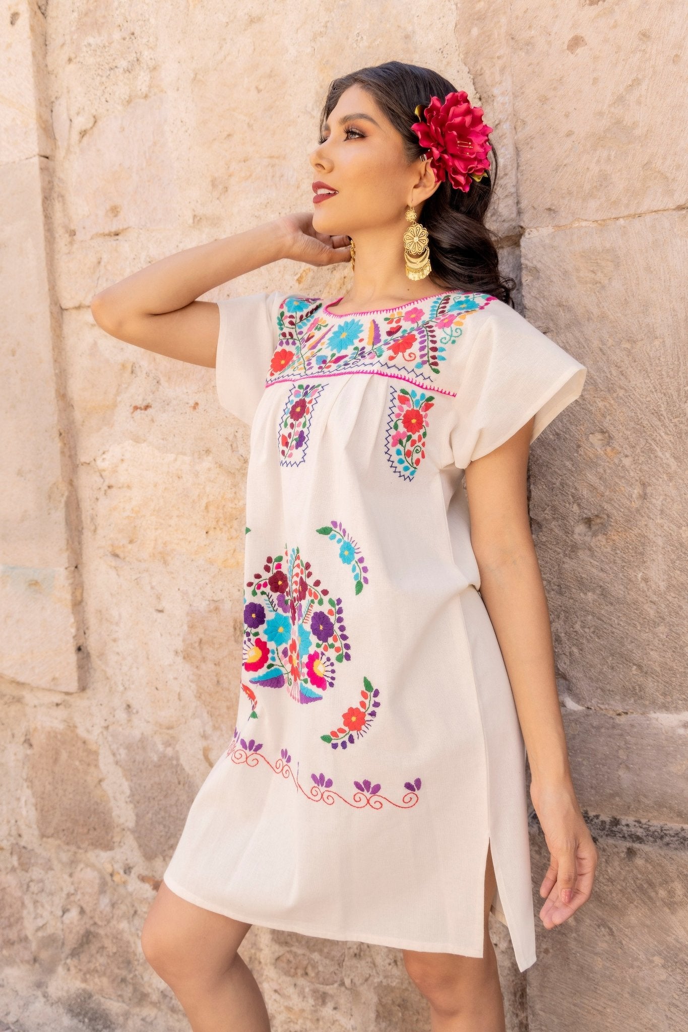 Mexican Colorful Hand Embroidered Floral Dress. Vestido Tehuacan Fino Corto - Solei Store