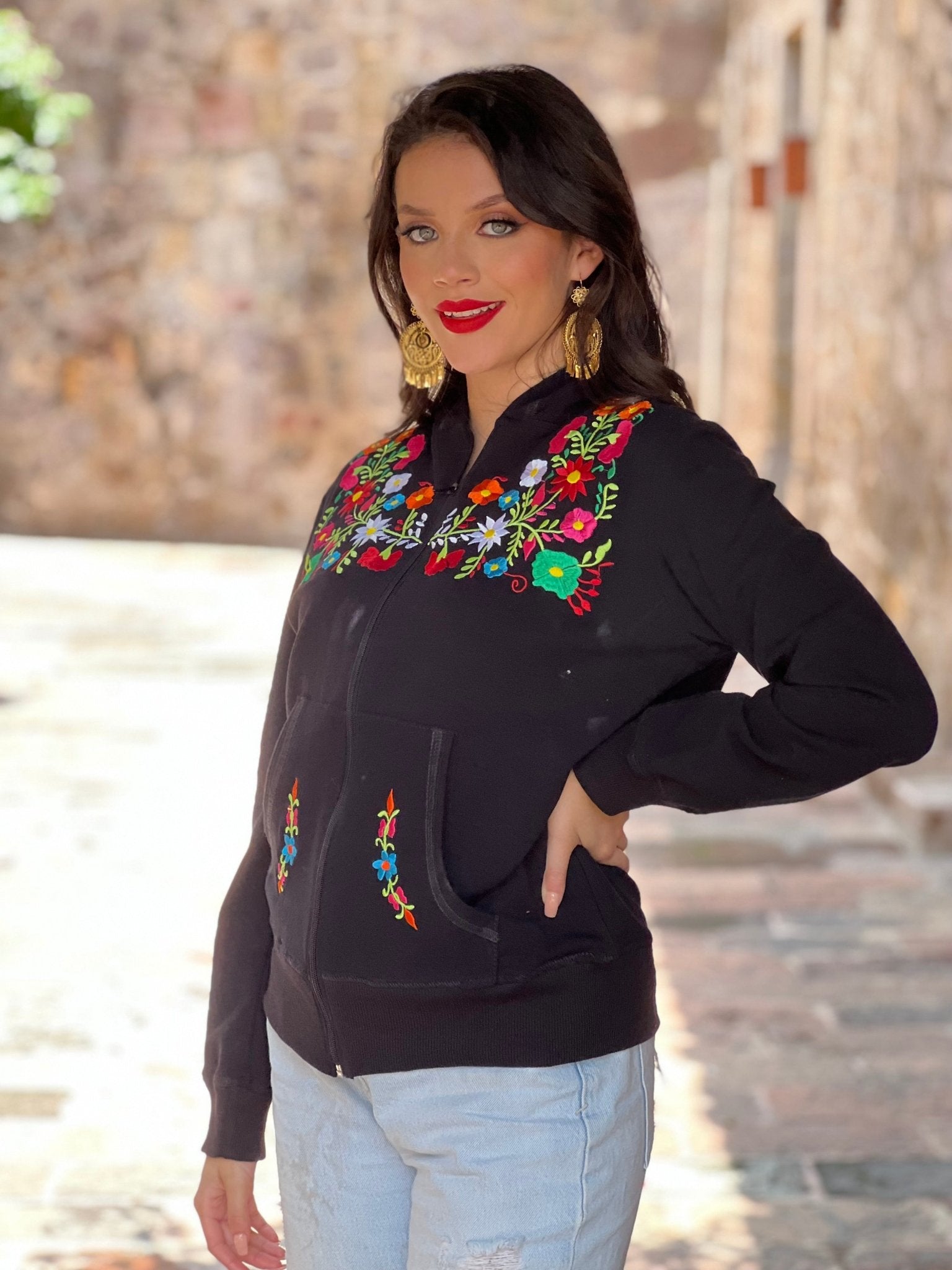 Mexican design embroidered classic full zip hoodie floral. Karen - Solei Store