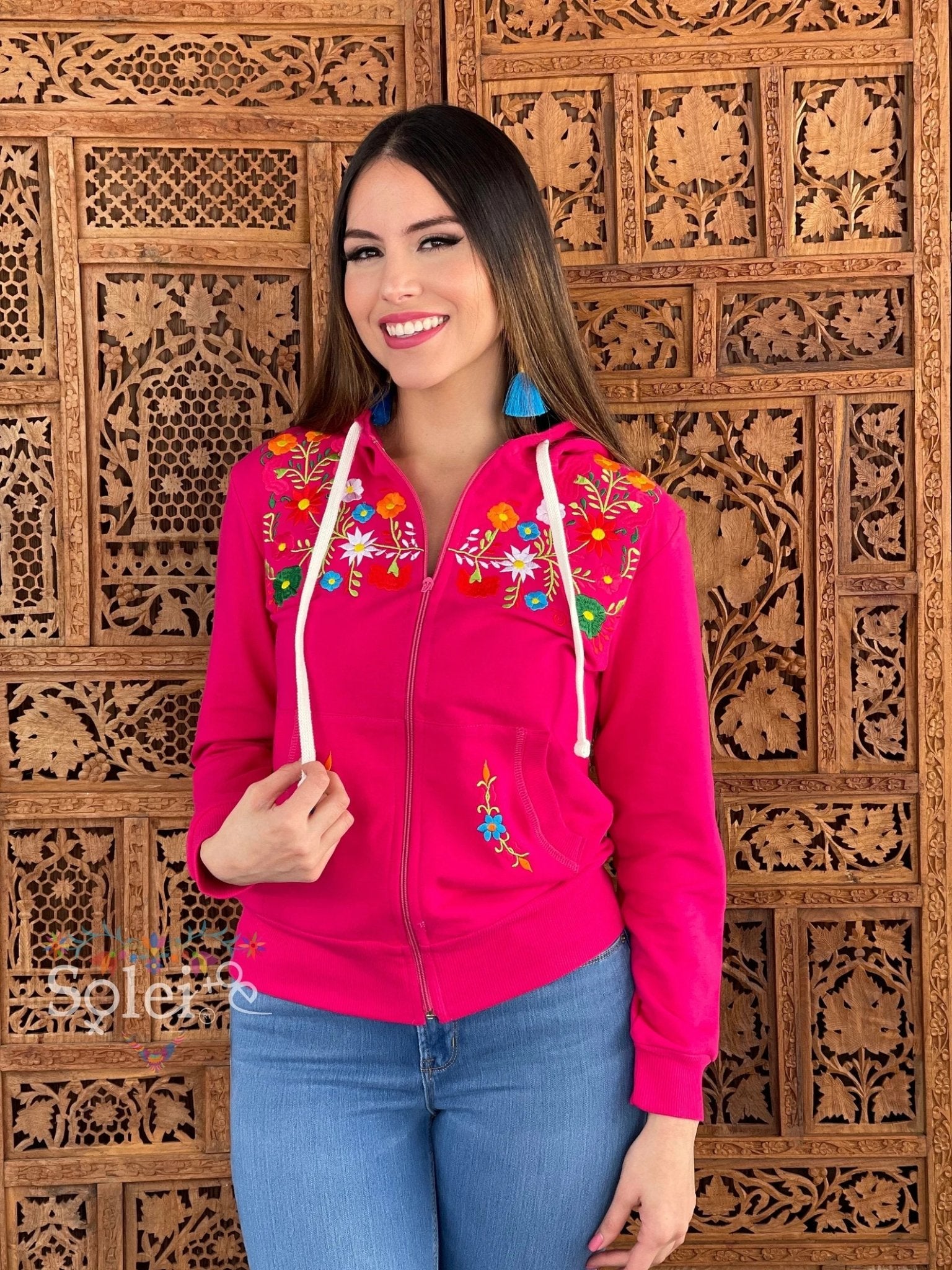 Mexican design embroidered full zip hoodie. Karen Sweatshirt. - Solei Store