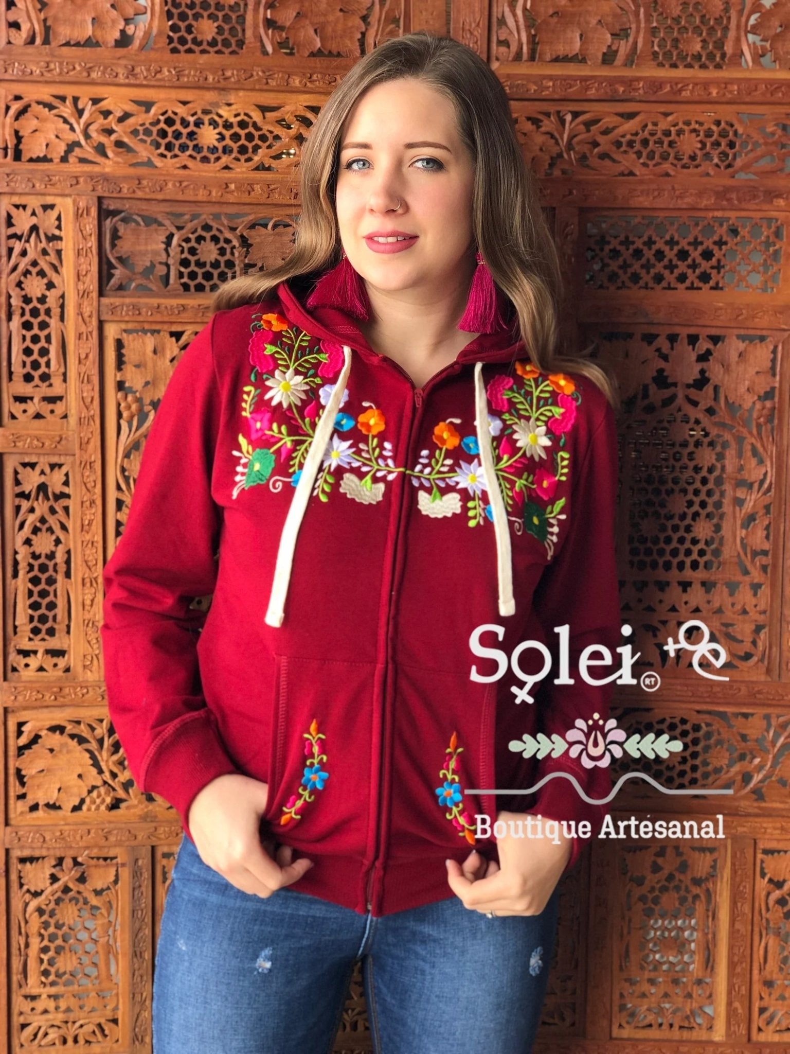 Mexican design embroidered full zip hoodie. Karen Sweatshirt. - Solei Store