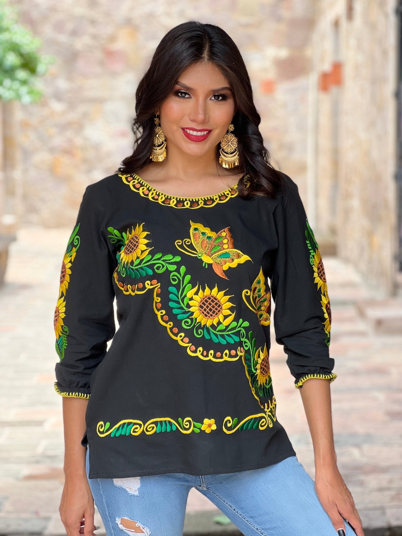 Mexican Embroidered Butterfly Blouse. Girasol Mariposa Blouse. - Solei Store