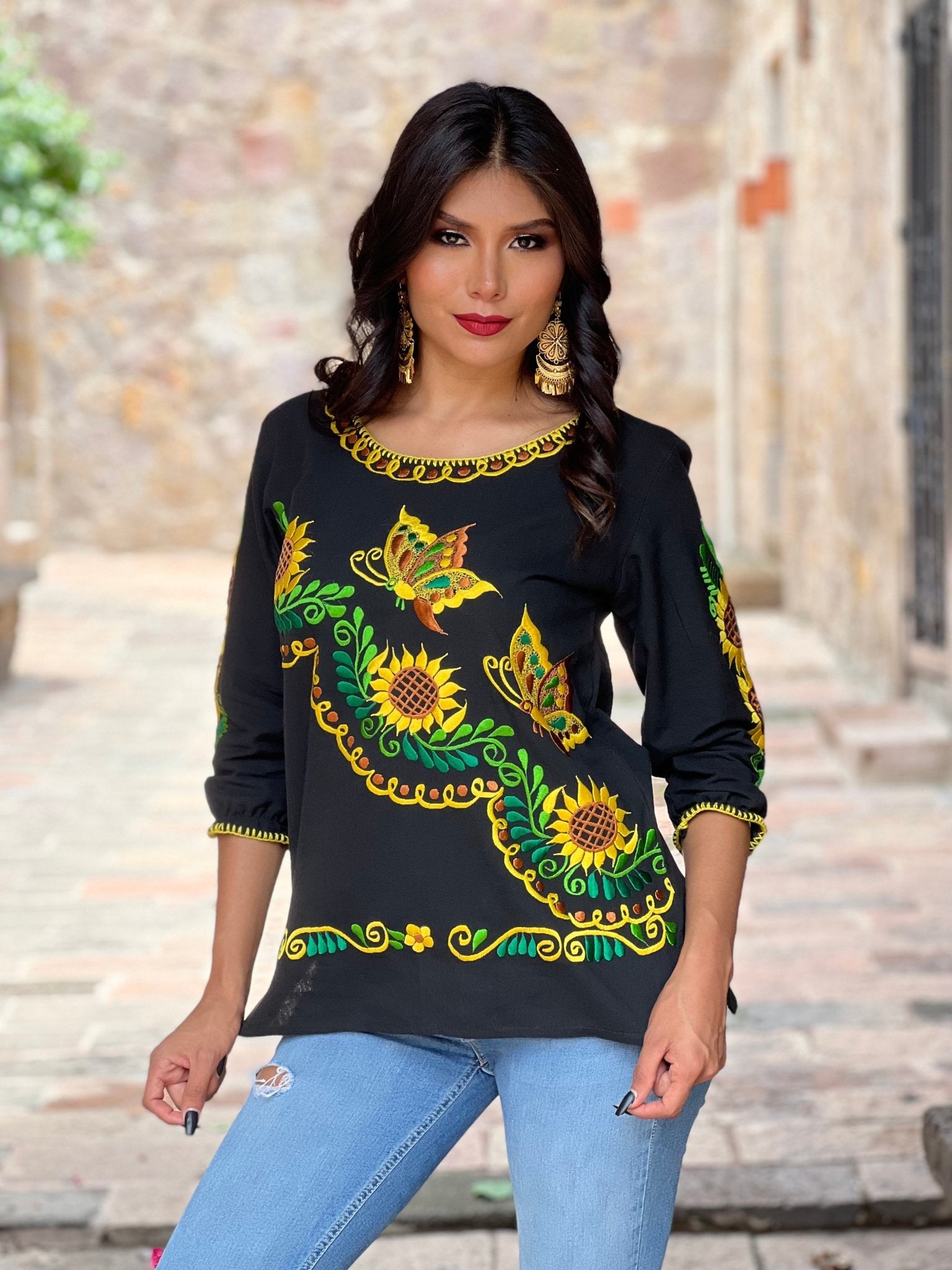 Mexican Embroidered Butterfly Blouse. Girasol Mariposa Blouse. - Solei Store