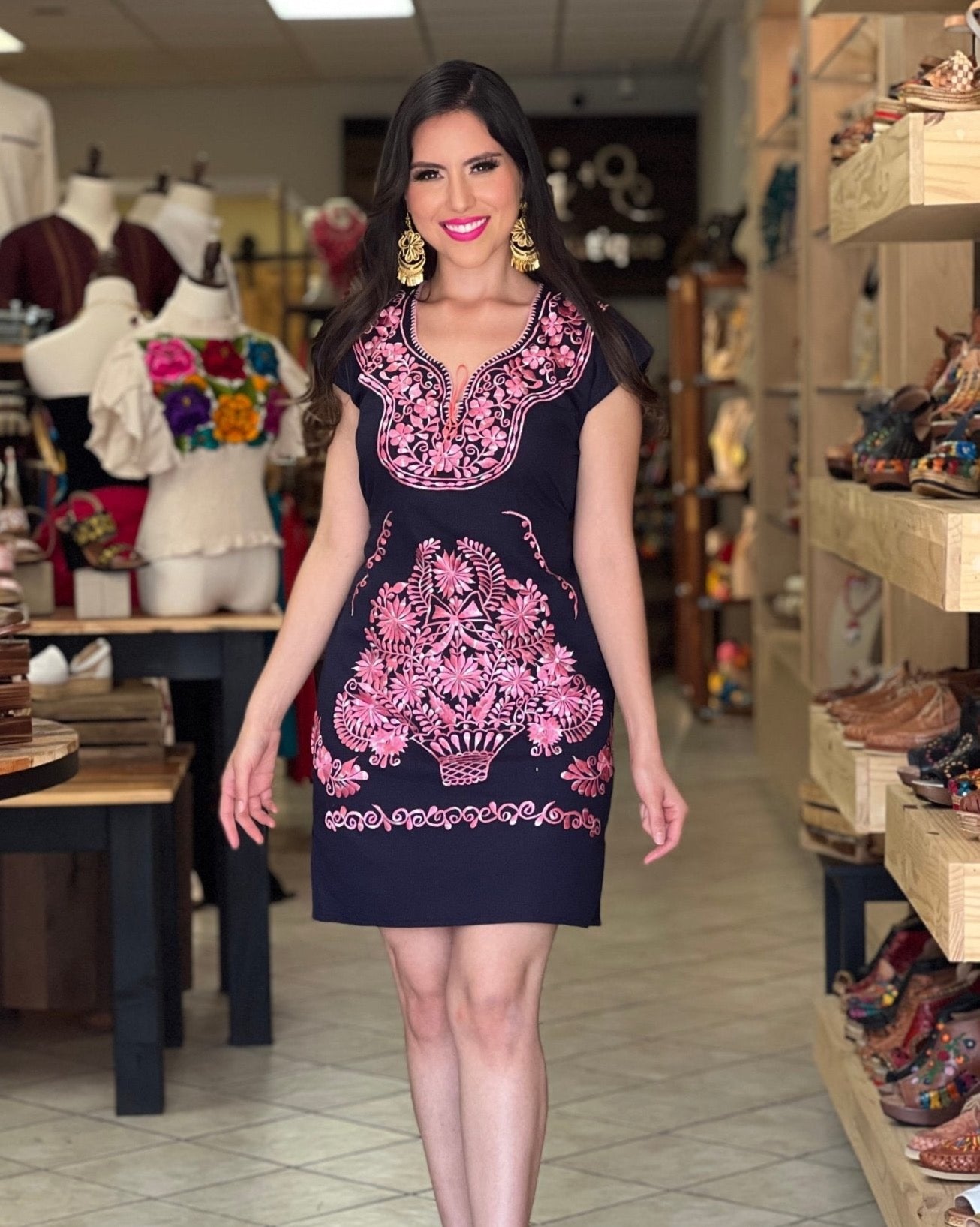 Mexican Embroidered Dress. Vestido Kimono Corto Navy Blue - Solei Store