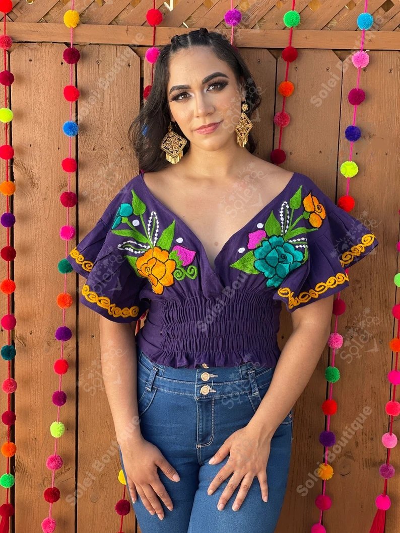 Mexican Embroidered Floral Butterfly Sleeve Crop Top. Mariposa Crop Top - Solei Store
