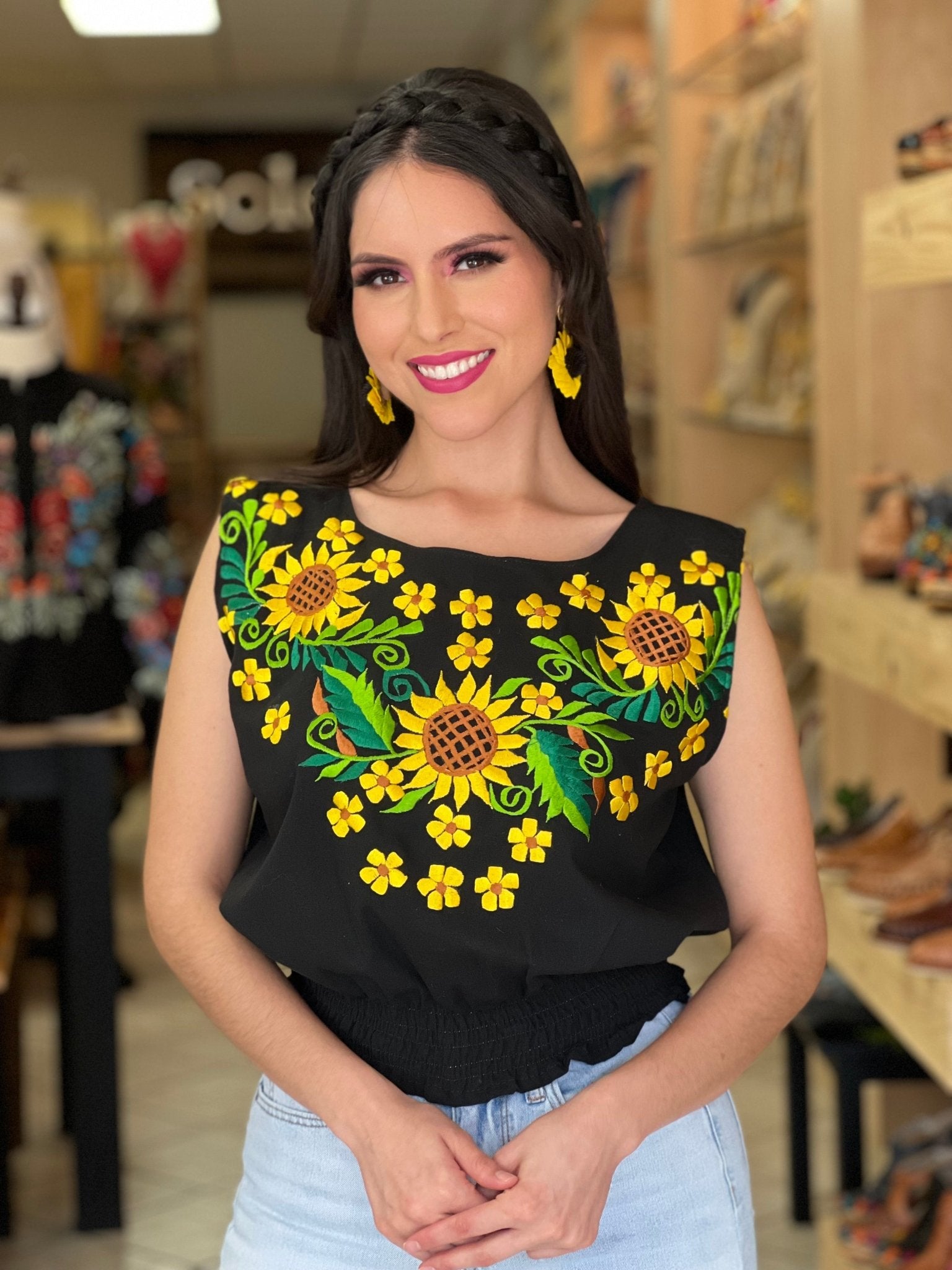 Mexican Embroidered Floral Crop Top. Crop Top Jimena Girasoles. - Solei Store